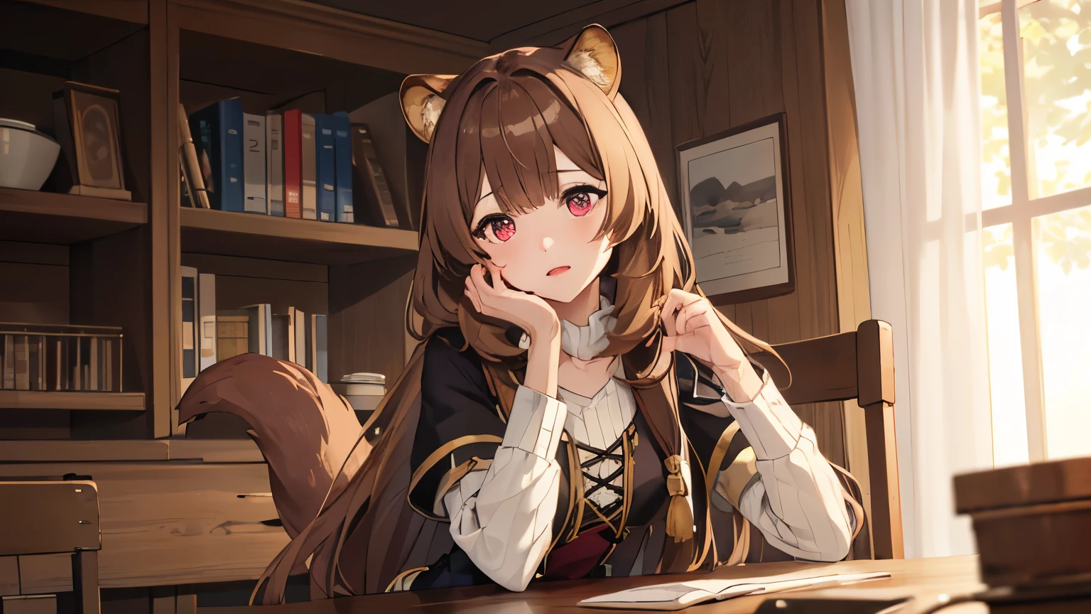 (Best quality), (extremely detailed CG Unity 8k wallpaper), (very detailed), ((absurdity)), Detailed beautiful eyes,
Raphtalia, Red eyes, Brown hair, racoon tail, Raccoon ears, 1 girl, One, whole body, Sit on a chair, tavern,