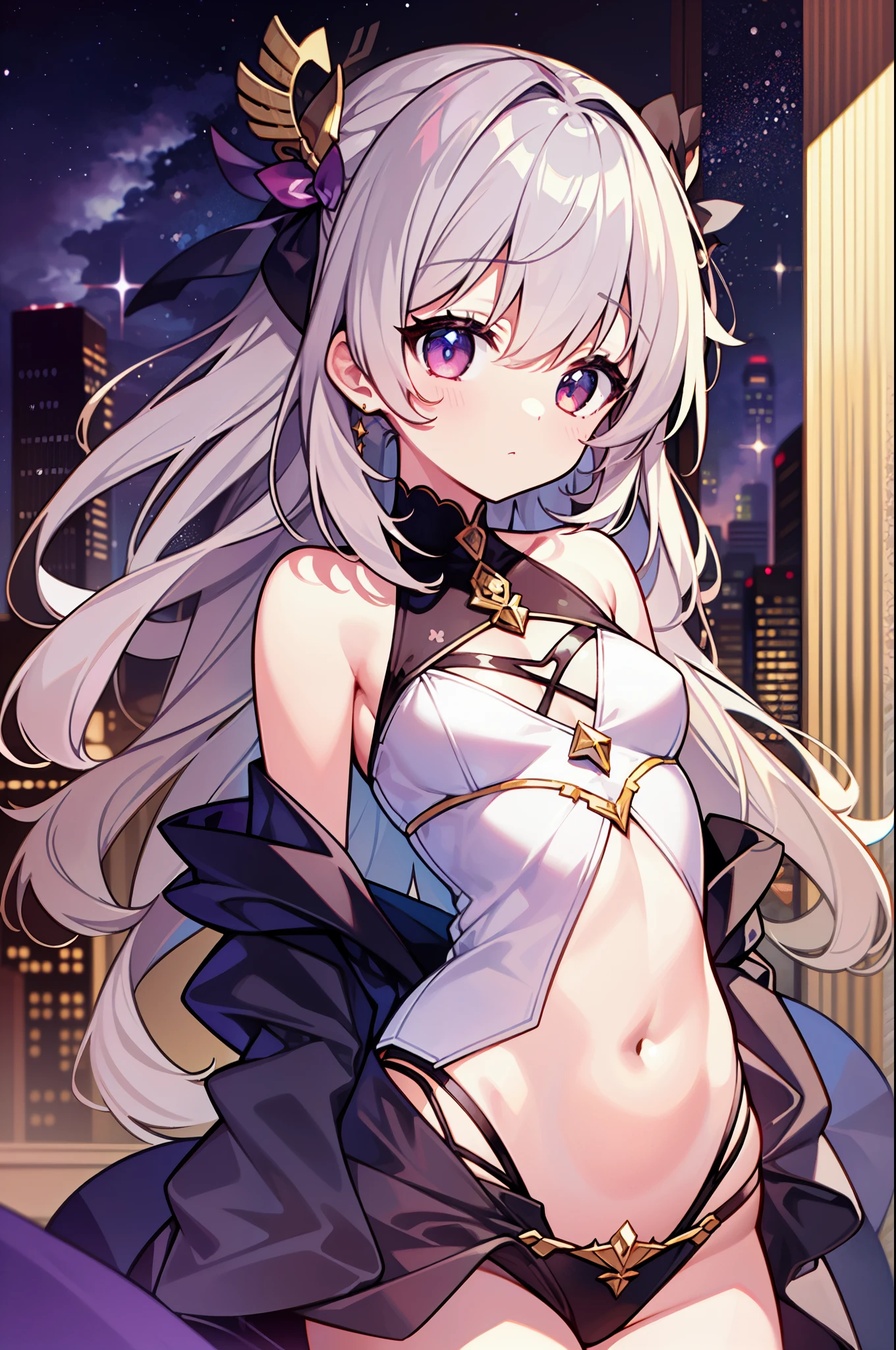 (masterpiece)、(highest quality)、(super detail)、(best anatomy)、official art、one girl、Lori with light-colored hair、Petite girl、Bard、shoulders are exposed、small breasts、Chest exposed、Thigh exposure、starry sky、mysterious、fantasy