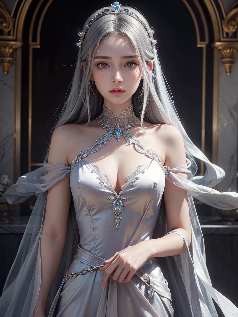 masterpiece, best quality, extremely detailed,cinematic lighting, finely detailed beautiful face and eyes, stoic, arrogant , long smooth shiny silver hair, Realistic lighting, pretty face , Body perfect anatomy,Top Quality, Top resolution, realistic , Cinematic, Aesthetic, beautiful girl , full body , princess in modest silk dress,