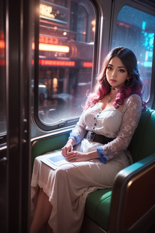 (best quality, photo-realistic:1.37), vivid colors, portraits, soft lighting, bokeh, flowing motion, dreamy atmosphere, modern train interior, window reflections, stylish pose, elegant posture, relaxed expression, subtle smile, peaceful ambiance, urban setting, night scene, neon lights, fashionable accessories, abstract patterns, comfortable seating, gentle curves, smooth texture, luxurious materials, glossy finish, vibrant hues, alluring beauty, confident aura, contemporary artwork, graceful presence, captivating charm.