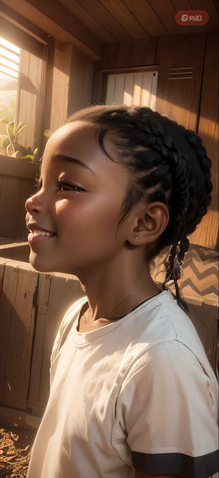 With the best image quality, little girl, african girl, smiling, dimples on cheeks。In high resolution、Beautiful fine details、tranquil atmosphere。((black Hair))、Cute smile、I don't have anything in my hands、realistic hand, african girl side view, costume with short sleeves。