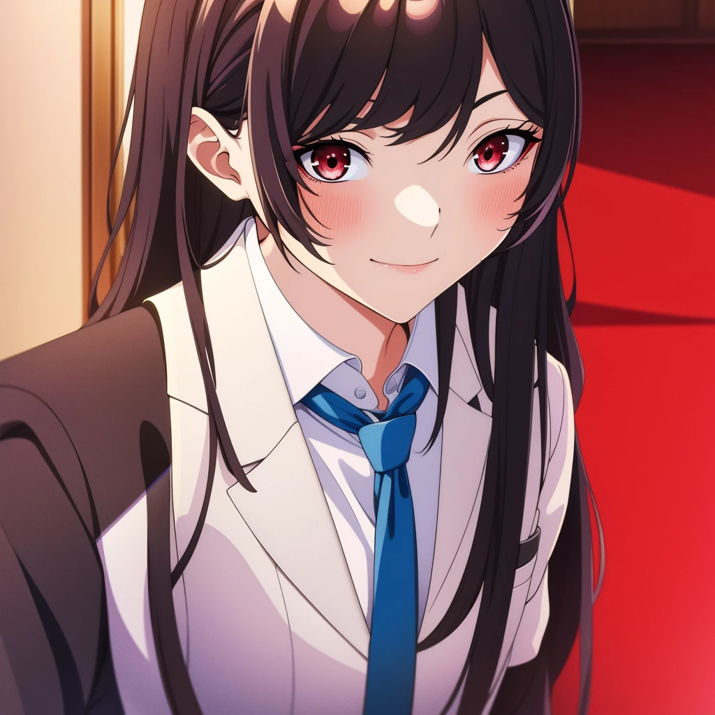 (Masterpiece, Best Quality, Best Quality, Extremely Detailed, Best Detailed, Official Art, Beautiful and Aesthetic: 1.2), Kaori, Anime Girl, Solo, Long Hair, Blush, Smile, Bangs, Shirt, Black Hair, Mouth Closed, Beautiful Red Eyes , uniform white, jacket, upper body, tie, collared shirt, black shirt, blazer, white jacket, blue tie, looking at camera, character
