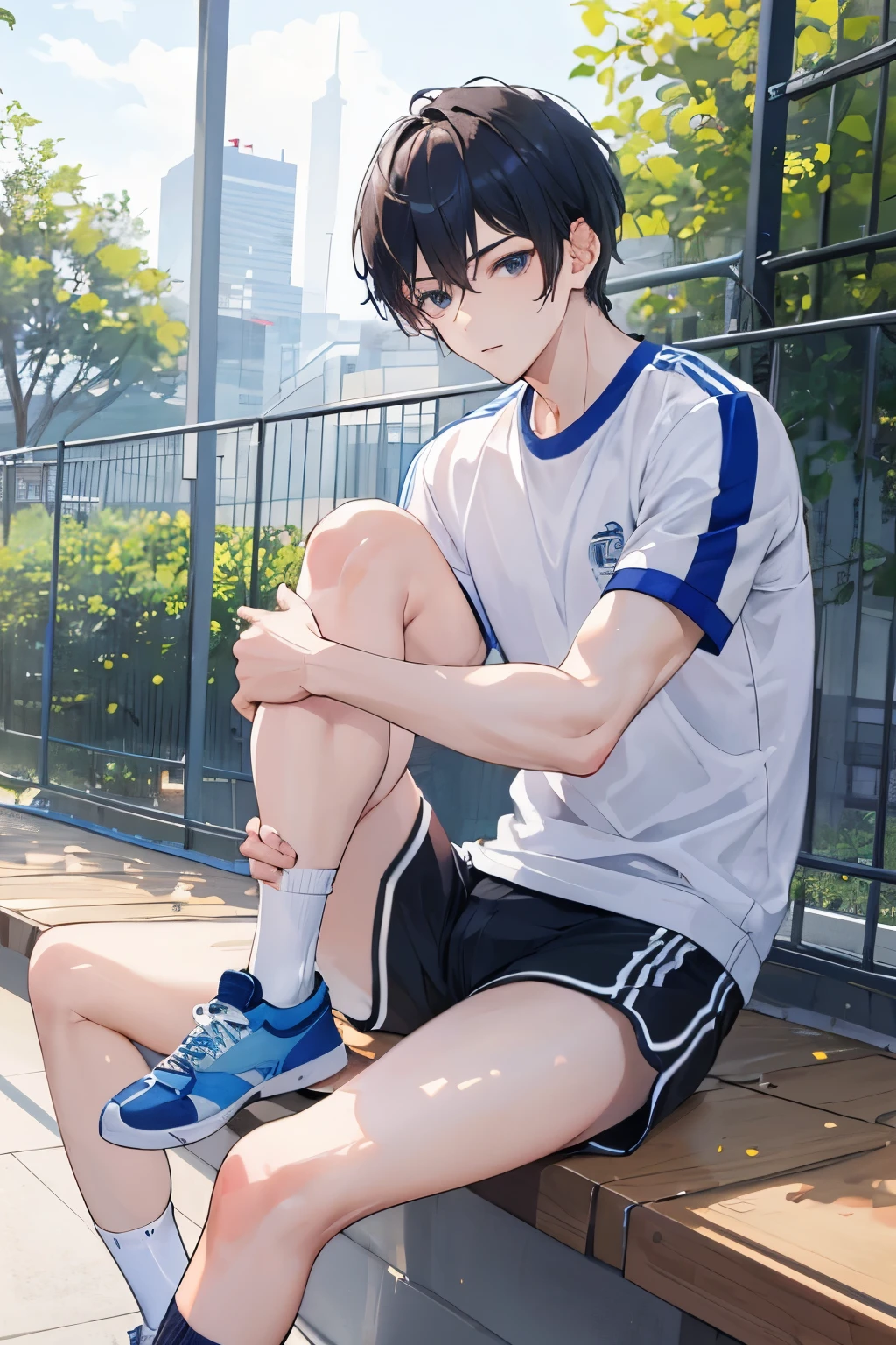 ((best quality)), ((masterpiece)), (detailed), perfect face,handsome guy,sports student,short hair,Youthful feeling,white socks,muscle,shorts,sports shoes,sitting