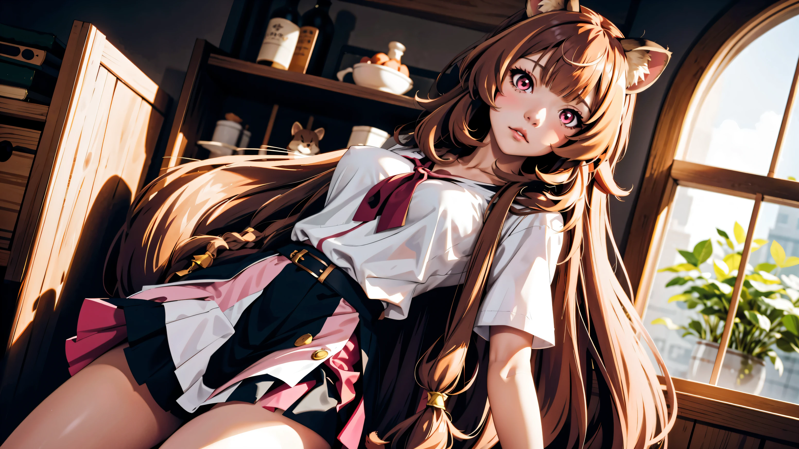 Raphtalia,long hair, animal ears, Raccoon ears, Raccoon Girl, racoon tail, very long hair, big breasts, in a miniskirt and white shirt, pink eyes, tired look, third