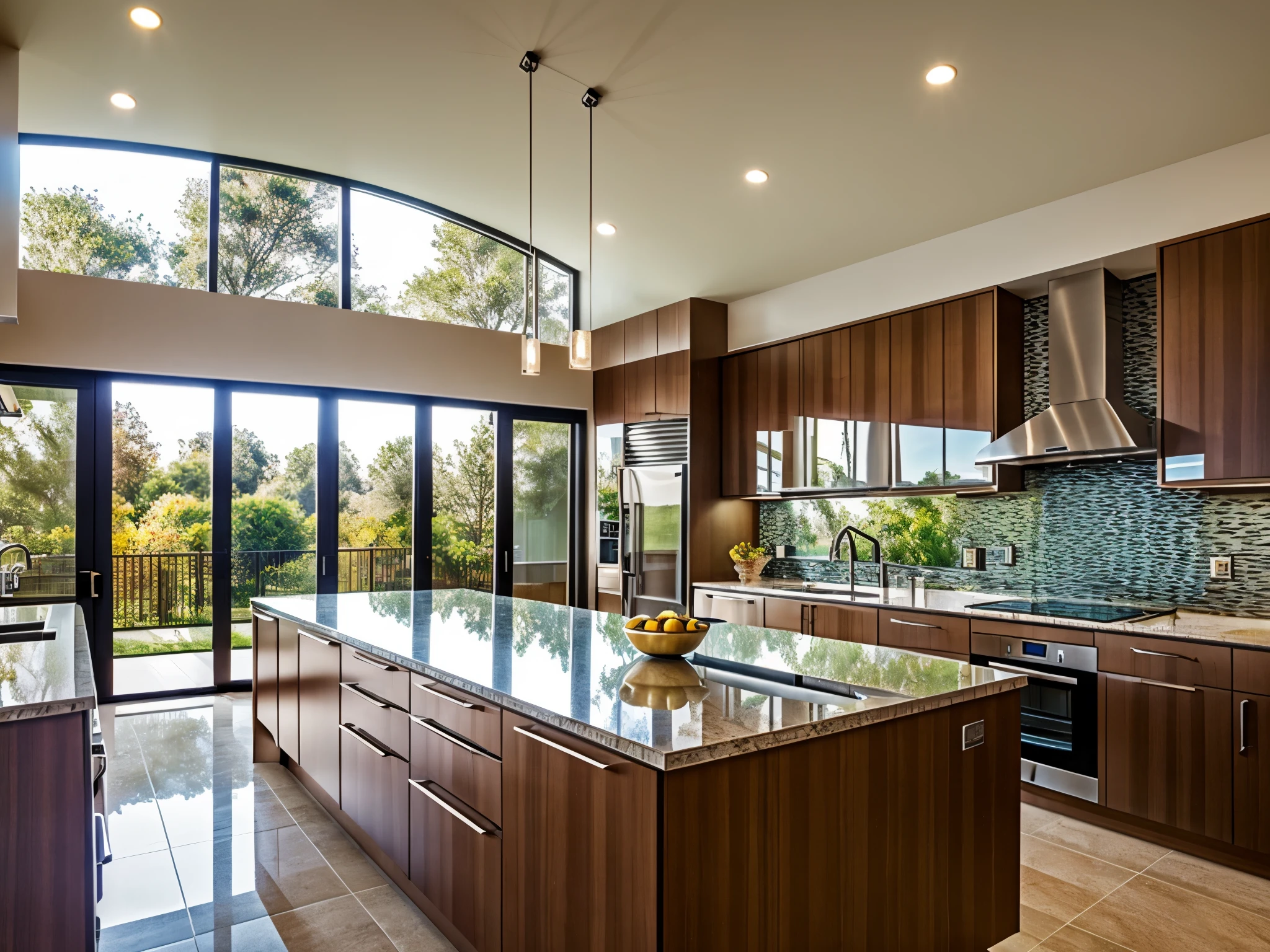 Modern kitchen, glass holders, cupboards, sinks, cooking counters, warm colors, award-winning masterpieces with incredible detail, large windows