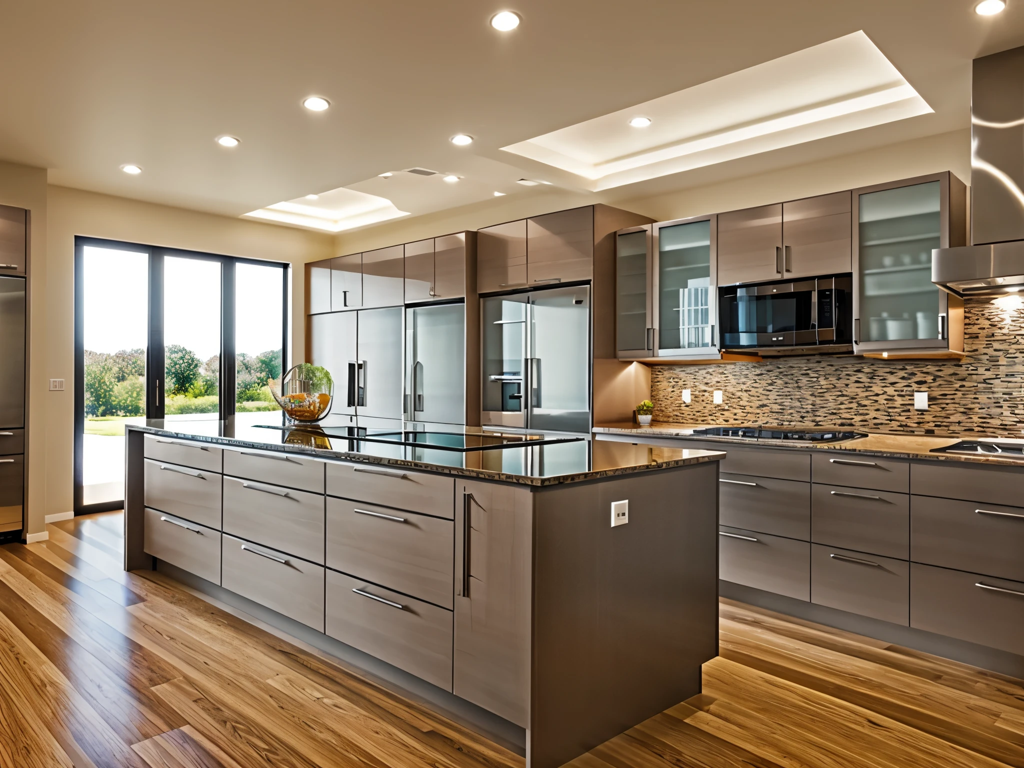 Modern kitchen, glass holders, cupboards, sinks, cooking counters, warm colors, award-winning masterpieces with incredible detail, large windows