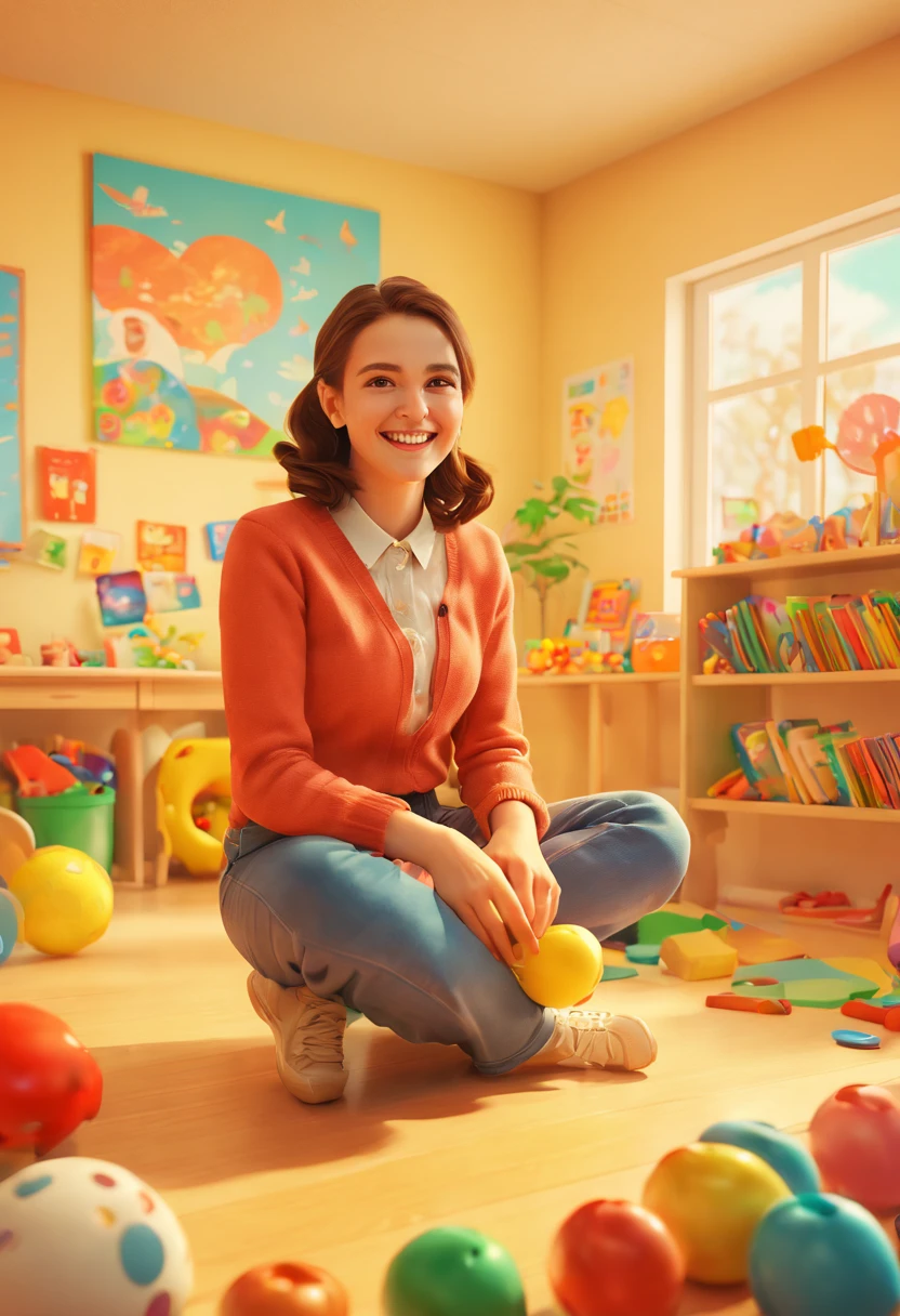 a female kindergarten teacher, by Lü Ji, 22yo, young, smile, dream girlfriend, delightful, intelligent, a sense of spring warmth and happiness, colorful and vibrant kindergarten classroom, educational toys, colorful decorations, children's artwork, joyful and lively atmosphere, best quality, masterpiece, 8k