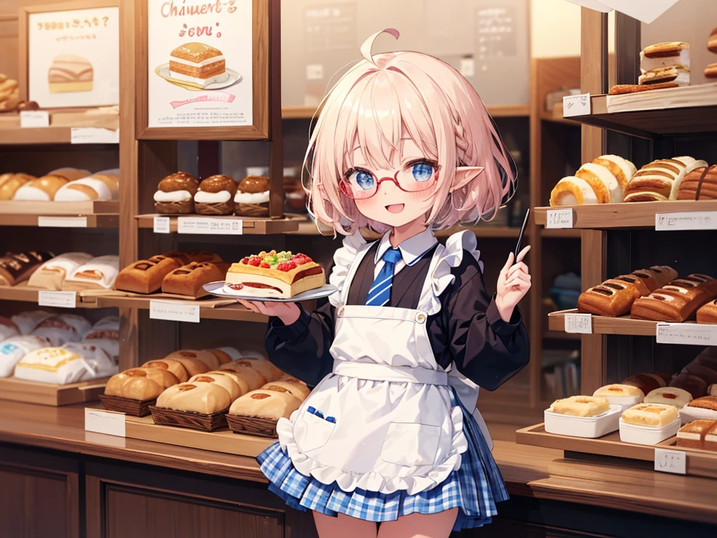 ultra detailed, best quality, high resolution, ((8k)), ((:1.4)), 2girls, pale skin, petite, (glossy blonde hair), (very short hair), blue eyes, (ahoge:1.3), ((rimless glasses)), ((pointy ears)), (blush:1.5), ((single short braid:0.8)), (happy smile:1.5), ((cowboy shot)), ((watercolor)), ((kobeya waitress, Kobeya bakery uniform, white blouse, blue ribbon tie, blue flare skirt, gingham check apron)), bakery, open mouth, ((panty shot)), white panty