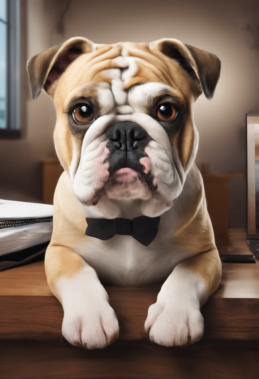 a cute Bulldog dog,peludo,Working in an office,fotorrealista, detalhes finos, A high resolution,Perfect dynamic composition