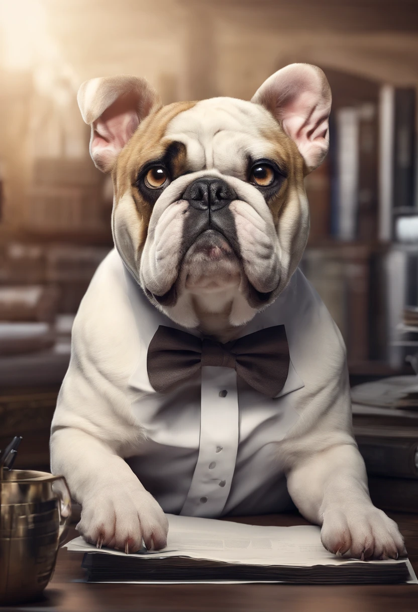 a cute Bulldog dog,peludo,Working in an office,fotorrealista, detalhes finos, A high resolution,Perfect dynamic composition