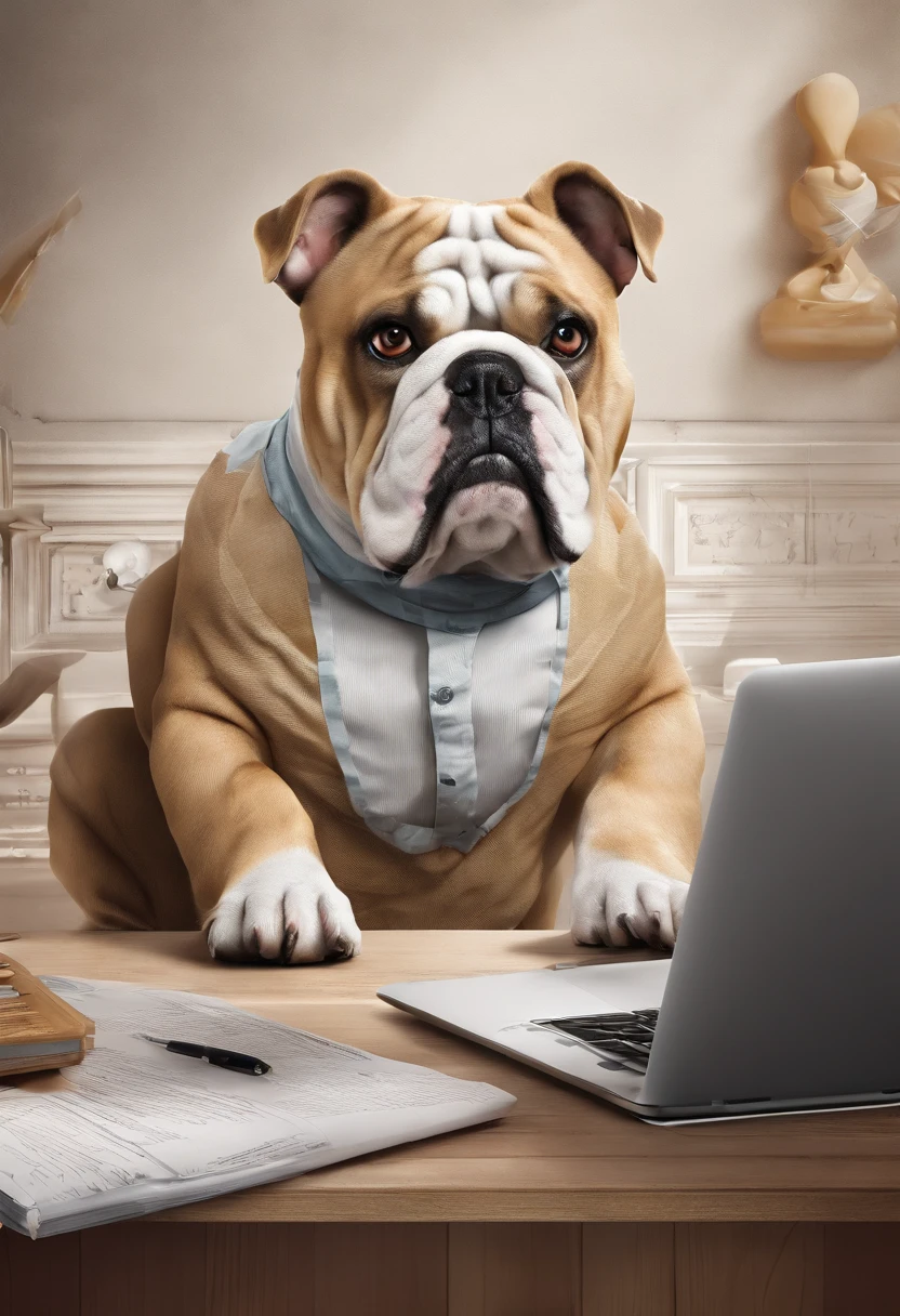 a cute Bulldog dog，peludo，Working in an office，fotorrealista， detalhes finos, A high resolution,Perfect dynamic composition