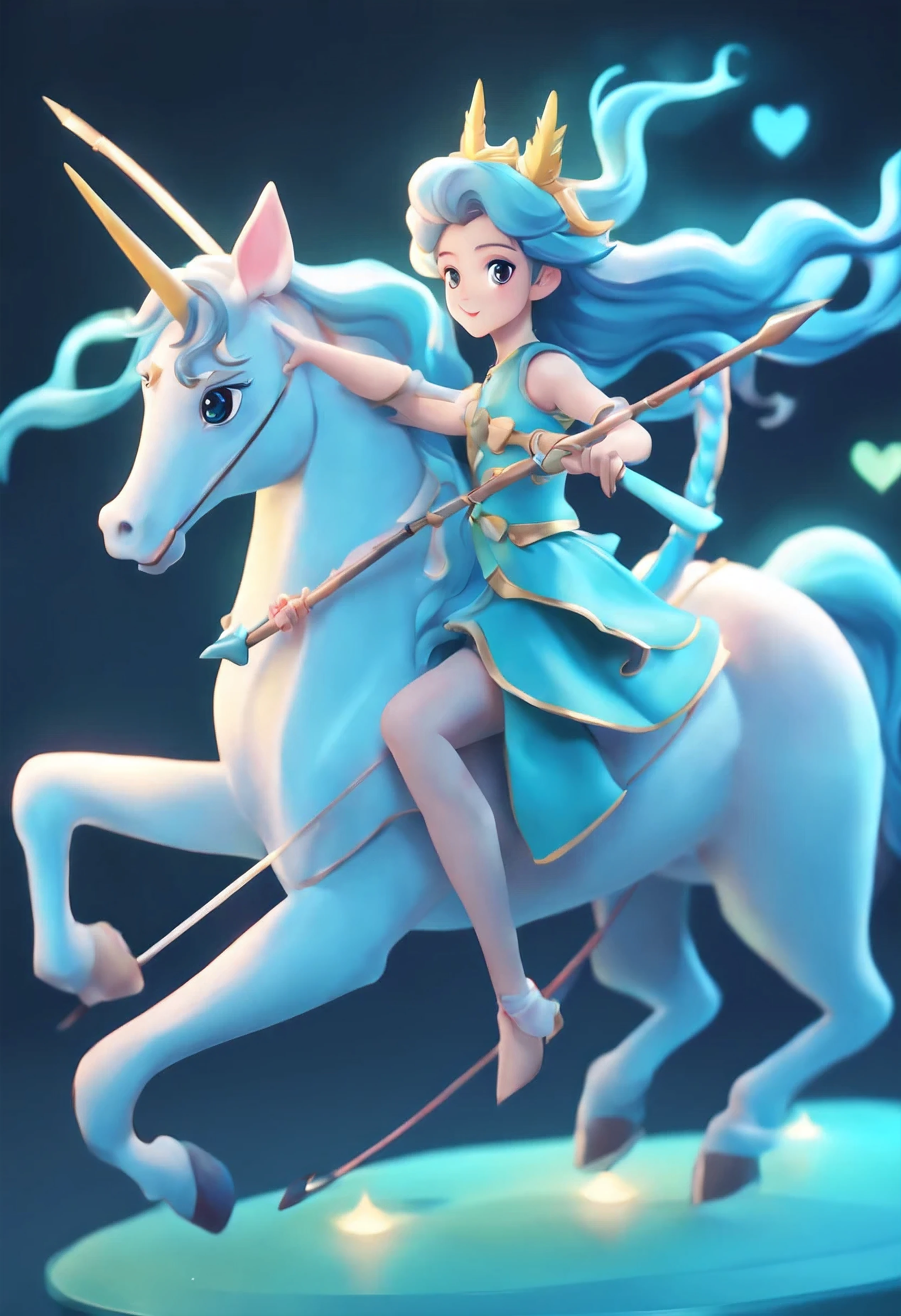 le personnage d&#39;anime est une fille chevauchant une licorne à une corne tenant une flèche d&#39;amour, Tridimensionnel, Combinaison de couleurs dégradées du bleu clair au turquoise, avec des nuances de jaune, en utilisant la résolution 4K ,Utiliser une mise en page simple et naturelle, téléphone intelligent,dessin animé