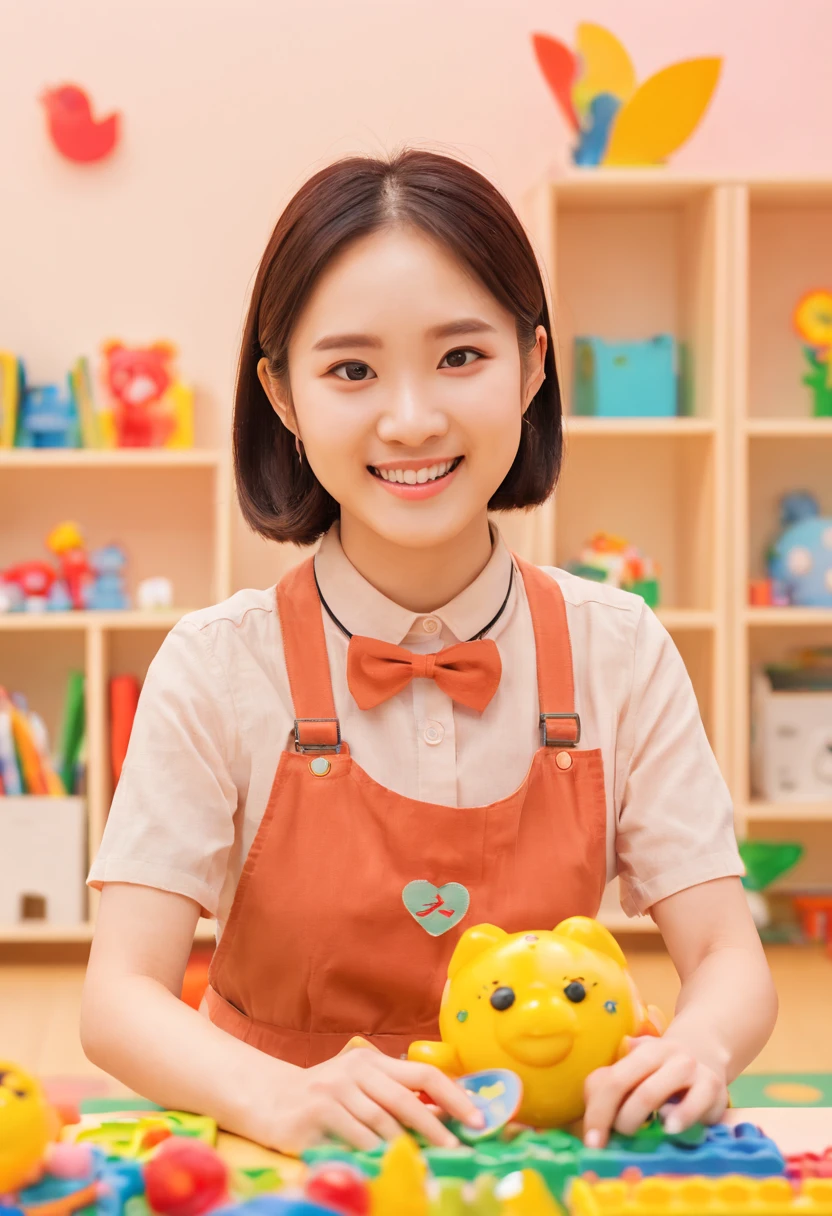 a female  teacher, by Lü Ji, 22yo, young, smile, dream girlfriend, delightful, intelligent, a sense of spring warmth and happiness, colorful and vibrant kindergarten classroom, educational toys, colorful decorations, children's artwork, joyful and lively atmosphere, best quality, masterpiece, 8k