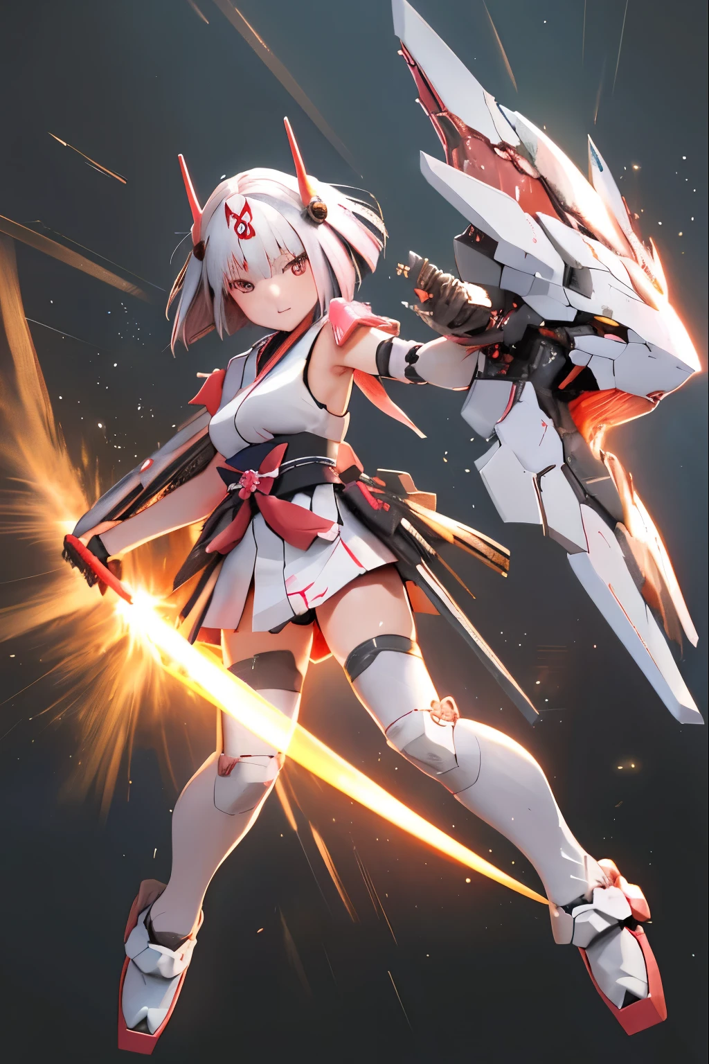 (highest quality)), ((masterpiece)), (very detailed: 1.3), 3D, {(japanese young girl)}, white theme, (ware a scarlet hakama:1.2), wear shrine maiden anime costume, wears a futuristic Gundam mecha,(Gundam), with headgear, with v-fin , armored shoulders,armored under arms, armored under legs, (holding a Japanese sword in the right hand:1.2), multilayer textureperfect proportions, octane rendering, duotone lighting, Low ISO, wide aperture, White balance, Rule of thirds, ultra HD16k, HDR (High Dynamic Range), Ray Tracing, NVIDIA RTX, Super Resolution, Subsurface Scattering, PBR Texturing, Post Processing, Anisotropic Filtering, Depth of Field, Maximum Clarity and Clarity, High efficiency subpixel, subpixel convolution, particles of light, light scattered, Tyndall effect, full body:1.5, battle pose, cute, (cute:1.2), (bob cut:1.3),三つ編み, 黒髪, 太い眉毛, 薄い色の虹彩, 大きくて輝いている黒い瞳, 長いまつげ, 小さく薄い色の自然な唇, (Average face of Japanese idols), (日本人特有の童顔:1.3), (baby face), 広いおでこ:1.2, ふっくらした頬, 小さな顎, visible side boob, broken streets, Broken City,looking at viewer,Focus on the eyes
