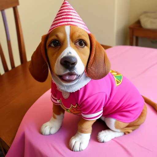 Baby Basset hound
, dog with its front paws on the table in front of an incredible birthday cake he has a birthday hat on his head the wall in the background has lots of birthday decorations. ((wearing clothes from the Character Jeannie is a genius, usando roupas da moda , wearing Arabic dancer clothes)), dog making a mess in the house, puppy dog tearing up pillow, bedsheet, dog biting shoe. Dog in a championship for the best pet in the world.