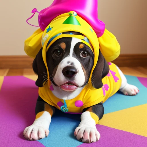 Baby Basset hound
,  dog with its front paws on the table in front of an incredible birthday cake he has a birthday hat on his head the wall in the background has lots of birthday decorations. ((wearing clothes from the Character Jeannie is a genius, usando roupas da moda , wearing Arabic dancer clothes)), dog making a mess in the house, puppy dog tearing up pillow, bedsheet, dog biting shoe. Dog in a championship for the best pet in the world.