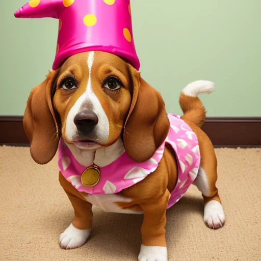 Basset hound
, dog with its front paws on the table in front of an incredible birthday cake he has a birthday hat on his head the wall in the background has lots of birthday decorations. ((wearing clothes from the Character Jeannie is a genius, usando roupas da moda , wearing Arabic dancer clothes)), dog making a mess in the house, puppy dog tearing up pillow, bedsheet, dog biting shoe. Dog in a championship for the best pet in the world.
