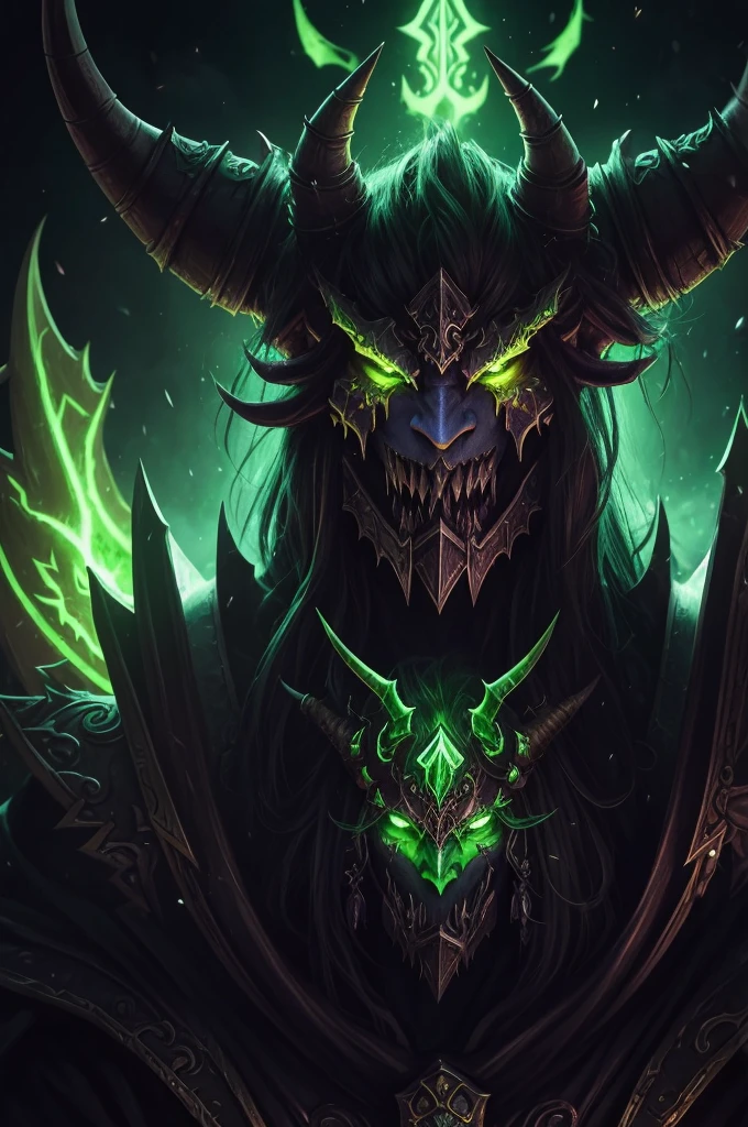 a close up of a demon with horns and green lights, world of warcraft art, world of warcraft art style, warcraft character, blizzard warcraft artwork, world of warcraft concept art, warcraft artwork, horned god, from warcraft, from world of warcraft, by Yang J, wow 4 k detail fantasy, cernunnos, world of warcraft splash art, wow