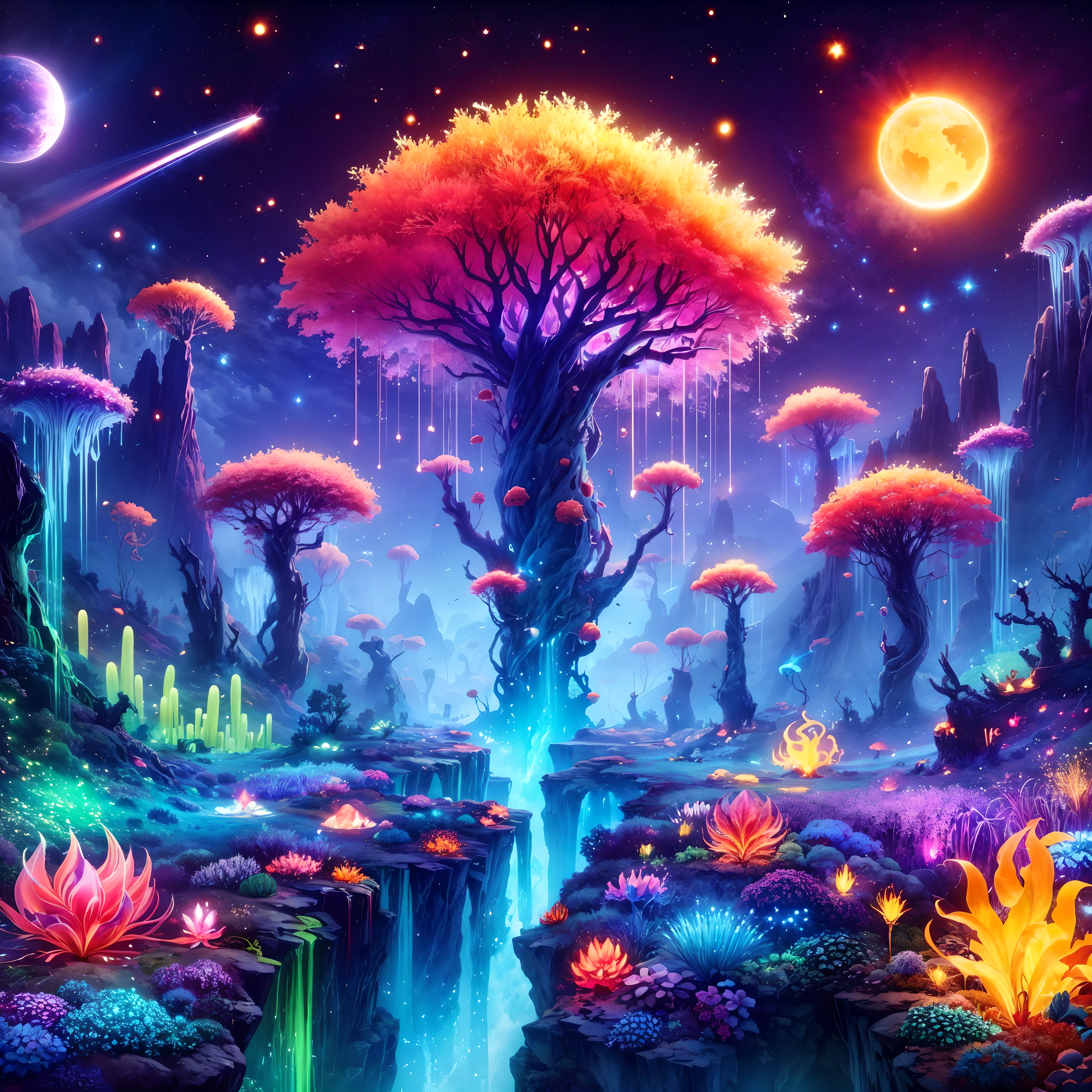 Ori and the blind forest game style,ultra-detailed, alien landscape, strange-looking trees, vibrant red grass, blue cactus,green aurora, (floating jellyfish),orange starry sky, falling star,natural giant piercing crystal pillar,ethereal blue leaves, giant and yellow bioluminescent mushrooms, a captivating lava line, unique hybrid flowers, two radiant suns, and mesmerizing red fireflies.