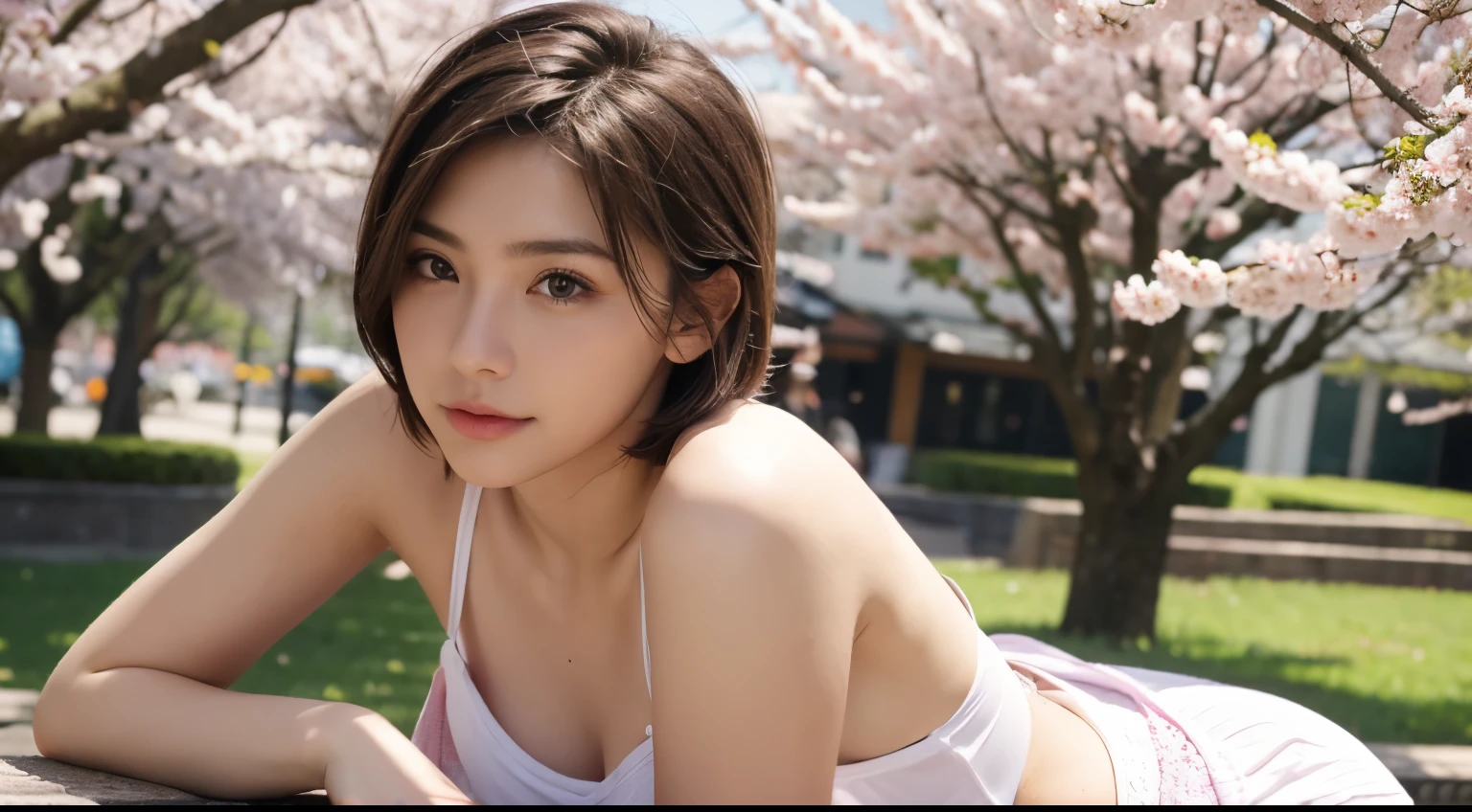 individual，young girl，23 years old, fine hair, Detailed faces, full的身材，Short hair details，full, Short hair details，Buttocks raised, long legs， dress, model，under a sakura tree