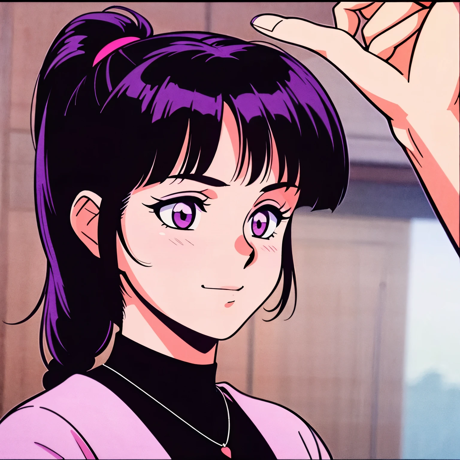 A girl with purple eyes, black hair with purple tips. Her hairstyle is a ponytail and has bangs.. Her face is silly, and she has a lollipop in her hand. Her clothes are modern.