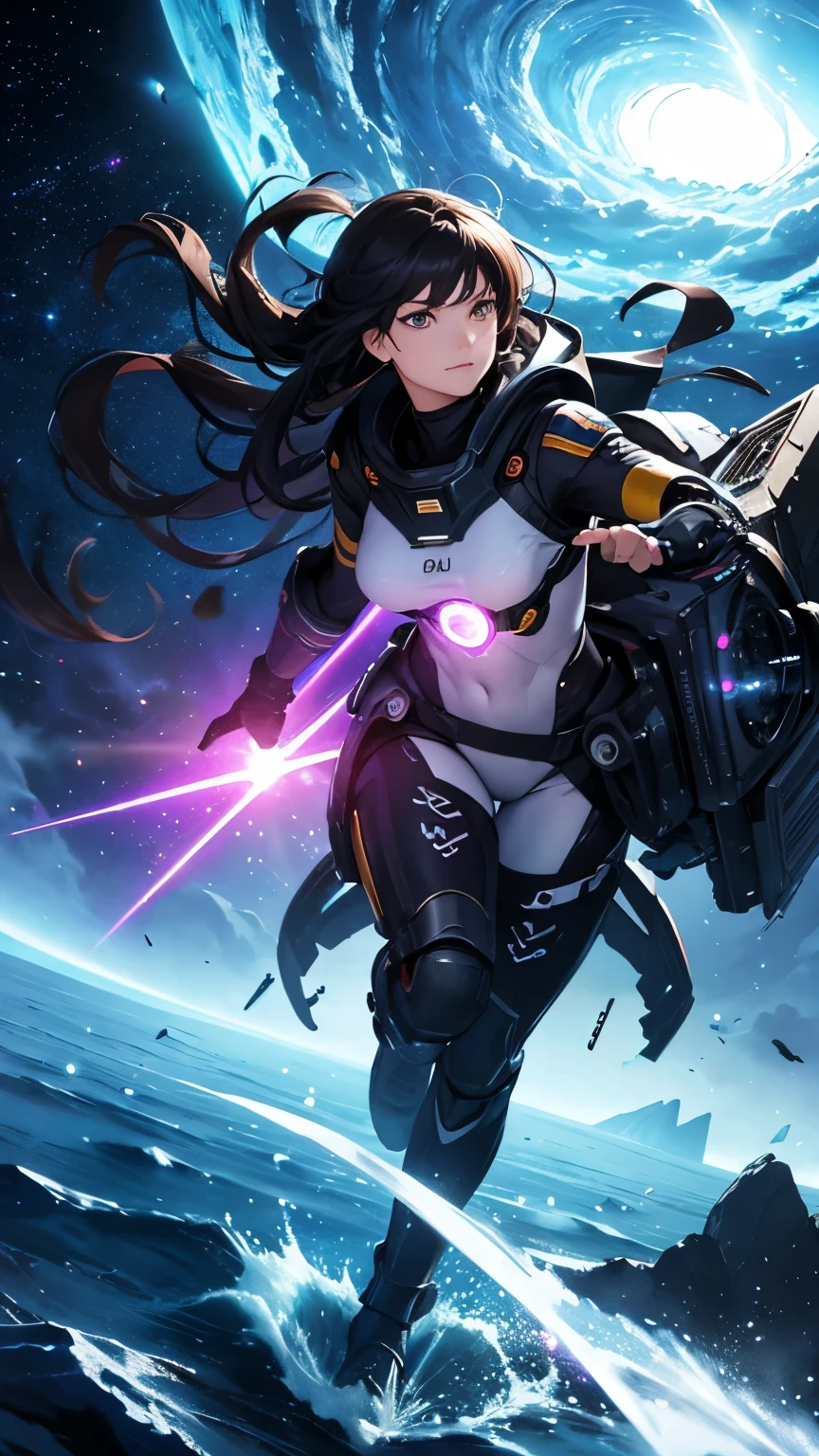 A warrior woman with a dynamic pose, traveling through time, a wormhole, with her beloved ship, decisive eyes, long, flowing, wide angle, soldiers, space suits, sci-fi, surreal fantasy, sharpest images, beam guns, laser guns, neutron bombs, space, stars of fire, 8k hdr, alien animals, waves. emp magnet