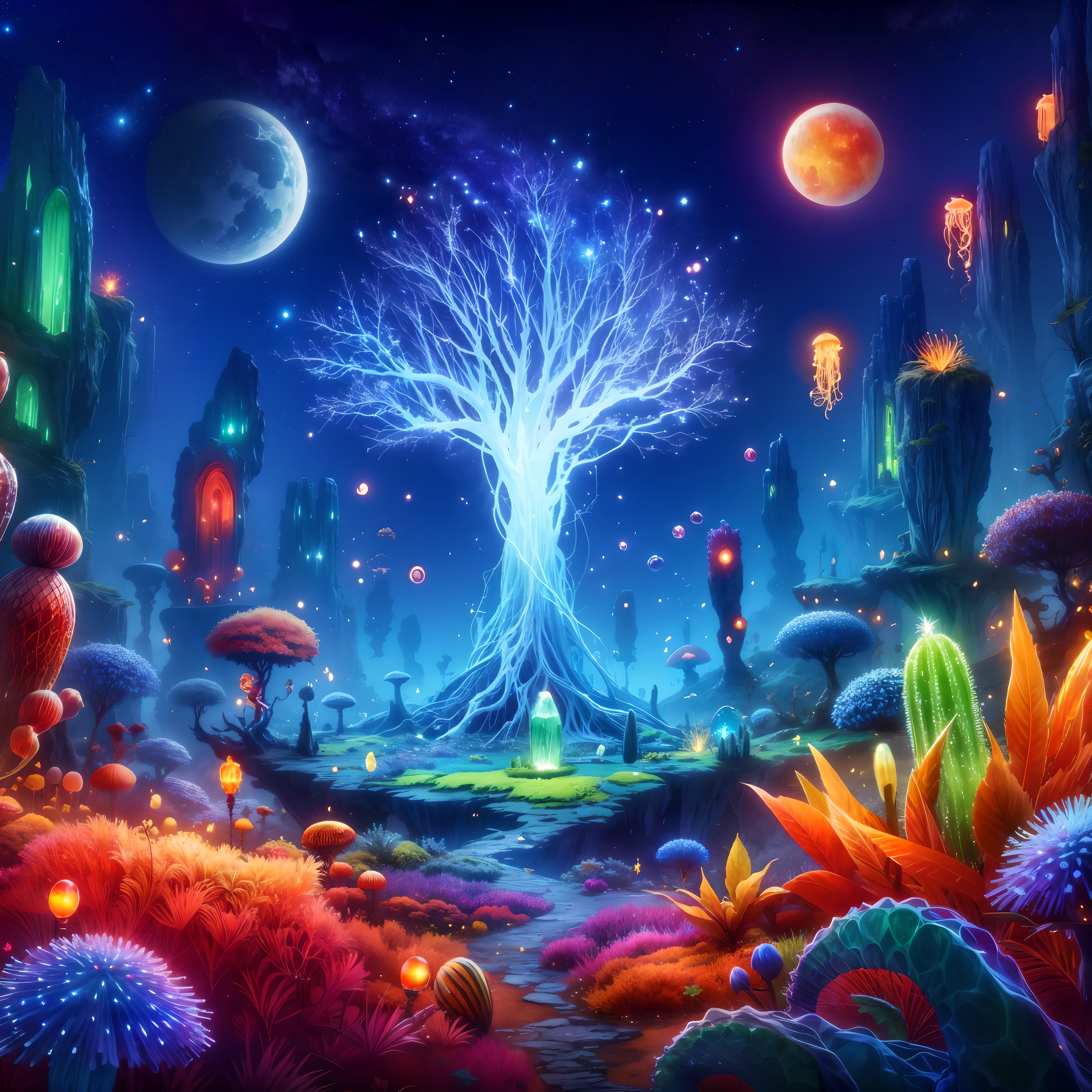 Ori and the blind forest game style,ultra-detailed, alien landscape, strange-looking trees, vibrant red grass, blue cactus,green aurora, (floating jellyfish),orange starry sky, falling star,natural giant piercing crystal pillar,ethereal blue leaves, giant and yellow bioluminescent mushrooms, a captivating  lava line, unique hybrid flowers, two radiant suns, and mesmerizing red fireflies.