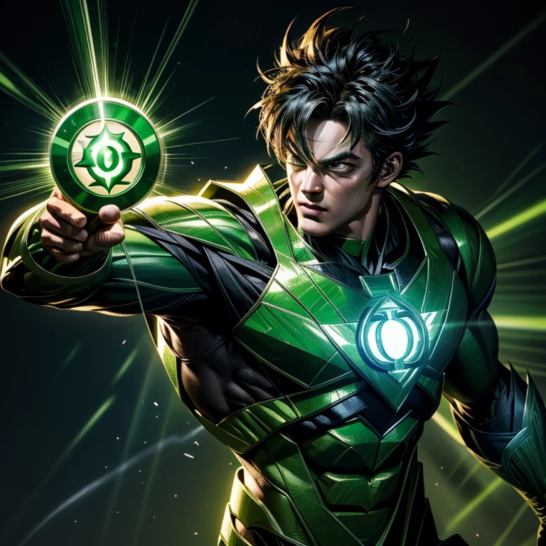(Best Quality, 4K), Goku in Green Lantern Suit, Anime, Superhero, Powerful pose, Muscular physique, Glowing green energy, Detailed texture of the suit, Ultra-realistic, Finely detailed, Realistic shading, Green Lantern power ring, High contrast between Goku's skin and the suit, Vibrant and bold color palette, Clear and clear lines, Detailed facial expression, Extreme detail in the suit's texture, Shiny and sleek appearance, Photorealistic rendering, Meticulously crafted, Beautifully rendered Green Lantern logo.