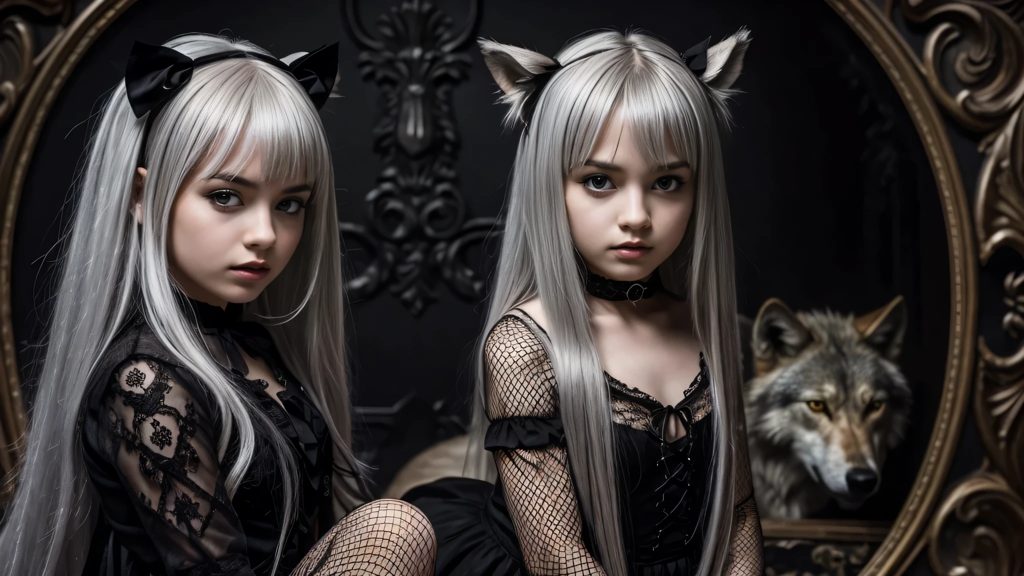 Garota vampira KIDS com longos cabelos prateados e um LOBO. com ela, in symbolic gothic net clothing,