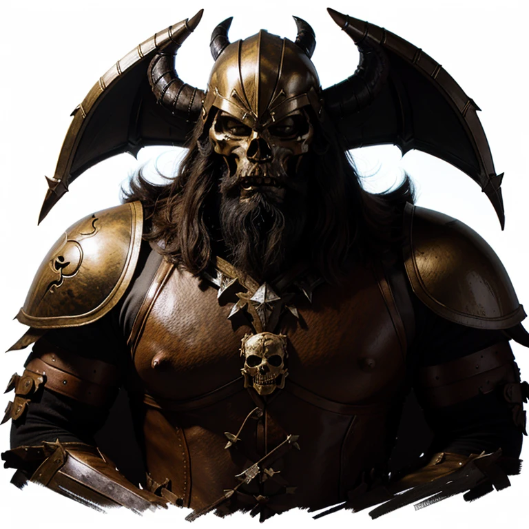 Draw a strong man in tiger armor and a helmet in the shape of a demon skull, with a long black beard and hair