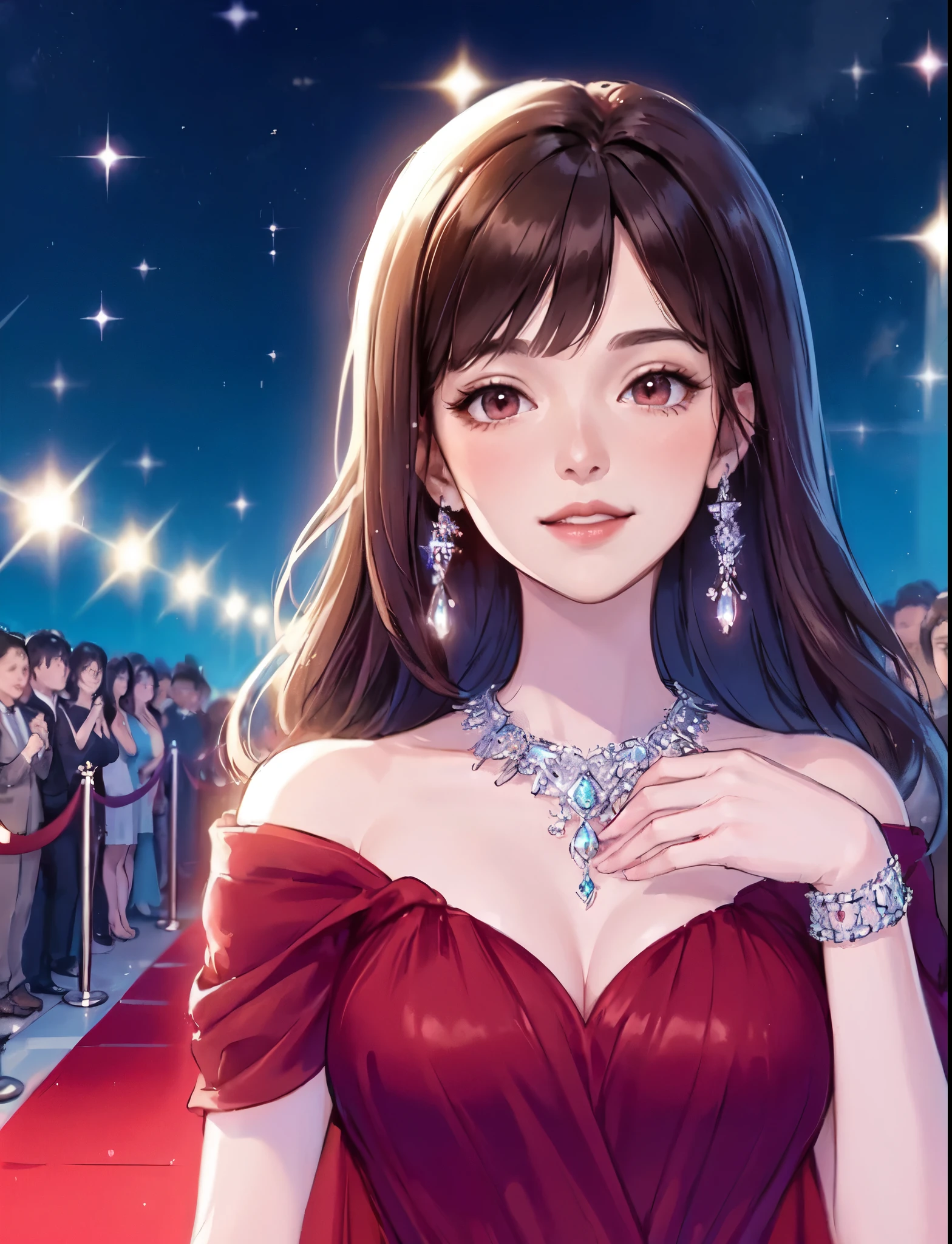 1lady standing, actress, (chic crimson dress) stylish outfit, (jewelry:0.8), mature female, /(dark brown hair/) bangs, blush kind smile, (masterpiece best quality:1.2) delicate illustration ultra-detailed, large breasts BREAK (red carpet event) (red carpet:1.2), /(movie actors/), /(eager fans/), detailed background