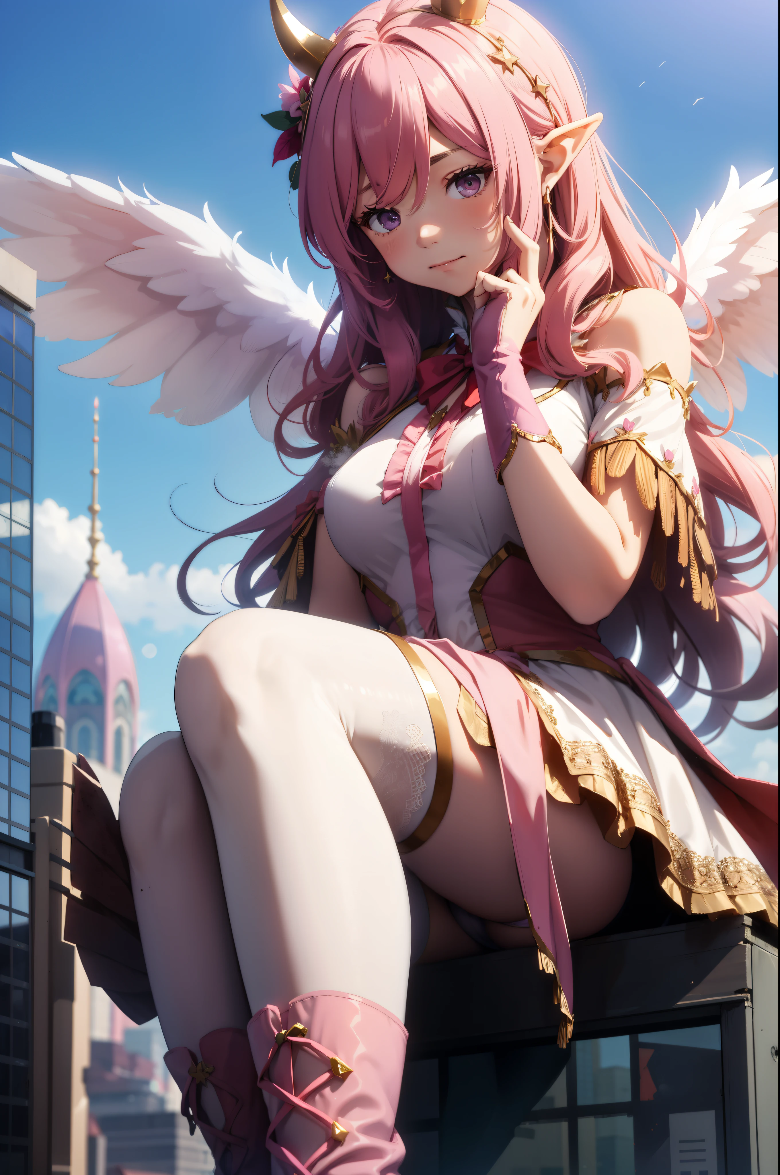 giant girl 50,000 feet high，Weight 1000kg，Has a pair of huge pink angel wings，With huge devil horns on his head，wear a crown on your head，Elf wearing pink earrings，She has long pink hair that reaches her feet，loose hair，Pink wavy long curly hair，Wearing a pair of pink boots on her feet，Pink lace gloves，Pink lace pantyhose，Bow and star embellished tights，粉色蕾丝whole body，Standing tall above the small town，Beautiful appearance，Exquisite makeup，quality，8k，高quality，Perfect proportion, Cinema lighting，film grain，Fuji colors，8k，textured skin，Super details，high detail，high resolution，fake smile，blood stains，脚底有blood stains，whole body，fat，elf princess，feather，flowers，Sitting elegantly on a tall building。