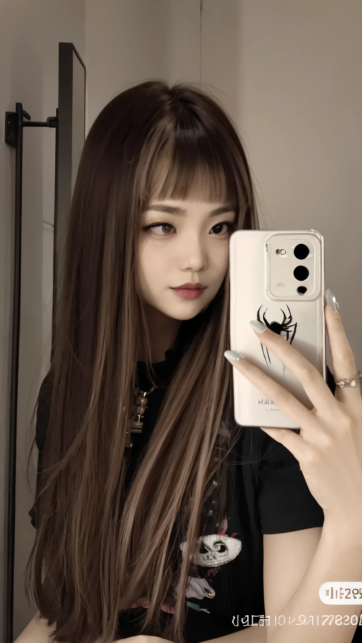 arafed woman taking a selfie with her cell phone, ulzzang, style of junji ito, white hime cut hairstyle, long hair with bangs, anime girl in real life, long hair with full bangs, the hime cut, cruel korean goth girl, ilya kuvshinov with long hair, junji ito style