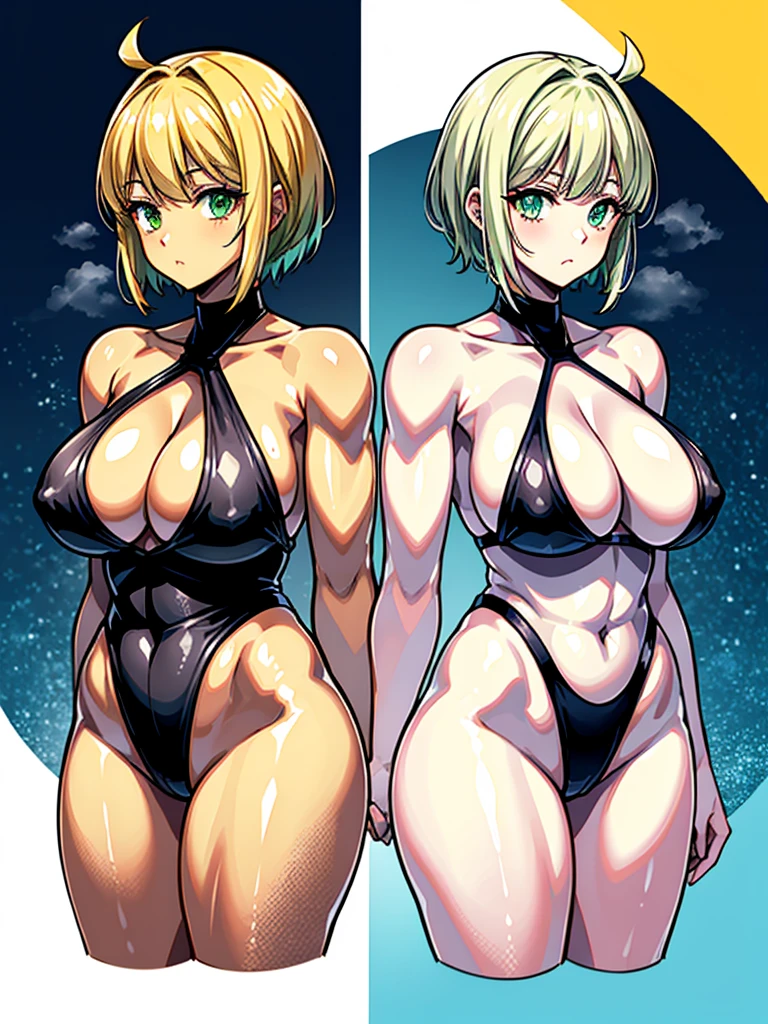 (((masterpiece、Highest image quality、highest quality、highly detailed unity 8kwallpaper)))、((Illustration of one girl))、(((beautiful girl、cool)))、((blonde、pixie cut:1.2、two side up、sidelocks、green eyes))、(((tall、stocky build, thickset physique:1.3, muscular legs, broad shoulders, solid chest)))、swimsuit、sandy beach
