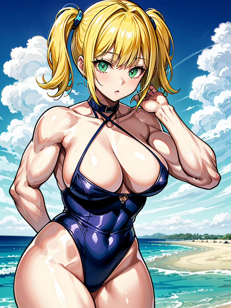 (((masterpiece、Highest image quality、highest quality、highly detailed unity 8kwallpaper)))、((Illustration of one girl))、(((beautiful girl、cool)))、((blonde、pixie cut:1.2、two side up、sidelocks、green eyes))、(((tall、stocky build, thickset physique:1.3, muscular legs, broad shoulders, solid chest)))、swimsuit、sandy beach
