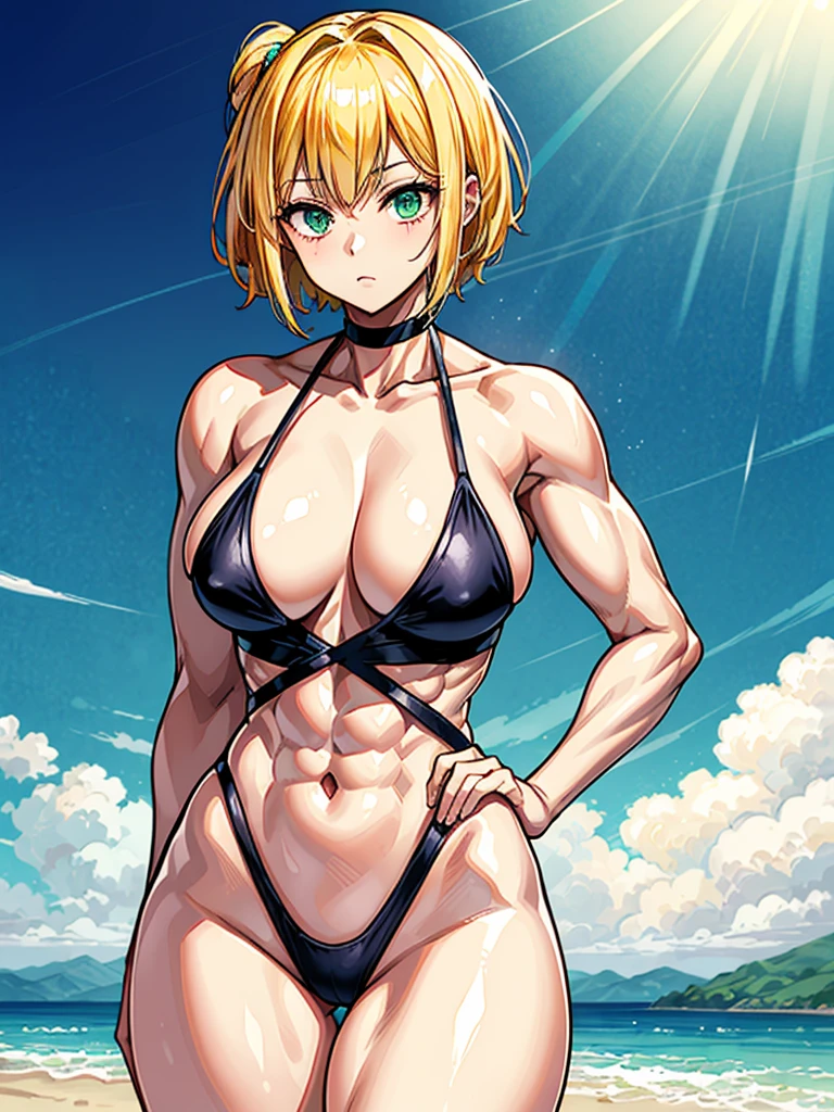 （（（masterpiece、Highest image quality、highest quality、highly detailed unity 8ｋwallpaper）））、（（Illustration of one girl））、（（（beautiful girl、cool）））、（（blonde、pixie cut：1.2、two side up、sidelocks、green eyes））、（（（tall、stocky build, thickset physique：1.3, muscular legs, broad shoulders, solid chest）））、swimsuit、sandy beach