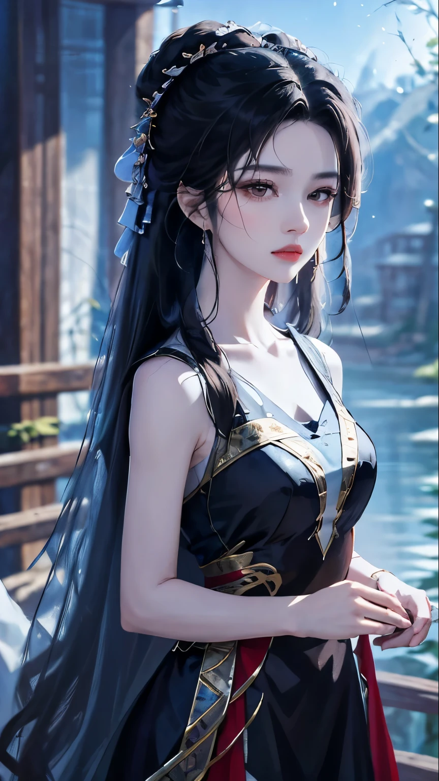 hero'A masterpiece in the style of Wei Zi,Close-up of a woman with long black hair,red dress,mystery,ancient rhyme,Beautiful epic character art,The delicate brushstrokes and depth of field in the picture make you immersed in the scene,moonlight,night,liu yifei,Blu-ray,sharp eyes,Zhao Liying