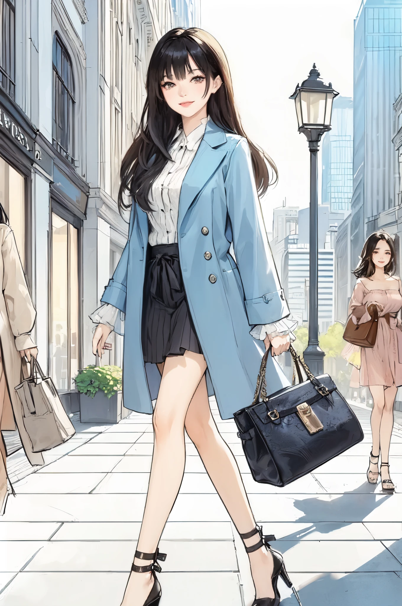 1lady (strolling through city), (stylish outfit), mature female, /(black hair/) bangs, light smile, (masterpiece best quality:1.2) delicate illustration ultra-detailed, large breasts BREAK (carrying a designer bag in her hand) BREAK (luxurious downtown street) outdoors, noon, crowded, detailed background