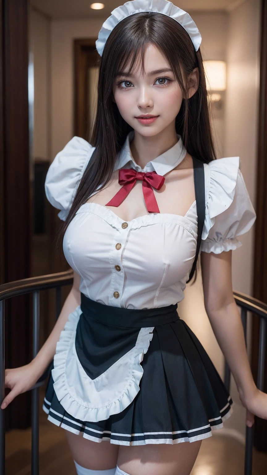 (***ung girl), Brown hair, Amazing face and eyes, Pink eyes, enchanting smile, (Maid cafe costume with frills, Pleated mini-skirt:1.5), (Maid cafe costume with wide open:1.2), bared chest, (amazingly beautiful girl), Brown hair, stylish hair ornament, (Best Quality:1.4), (Ultra-detailed), (extremely detailed CG unified 8k wallpaper), Highly detailed, High-definition raw color photos, Professional Photography, depth of fields, (View from below),