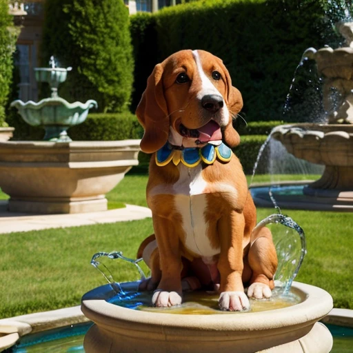 Baby Basset hound, (( playing in a beautiful garden of a luxurious mansion that in the background has an incredible fountain with a dog statue that spouts water from its mouth)),