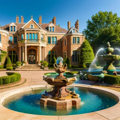 Baby Basset hound, (( playing in a beautiful garden of a luxurious mansion that in the background has an incredible fountain with a dog statue that spouts water from its mouth)),