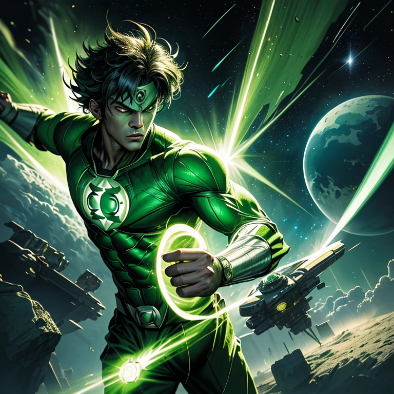 Masterpiece, best quality, Goku clad in Green Lantern suit, Super-heroic pose, Vibrant and shining green lantern emblem, Intricately detailed suit texture, Realistic and lifelike skin, Detailed facial features, Unique and iconic design, Ultra-high resolution, Bright and vivid color scheme, Anime-inspired, Comic book illustration, Realistic shading, Highly detailed suit seams, Realistic and intricate Green Lantern power ring, Realistic fabric folds, Detailed muscular definition, Extremely detailed hair texture, Dynamic and action-packed background, Space and sci-fi backdrop, Outer space, Plan