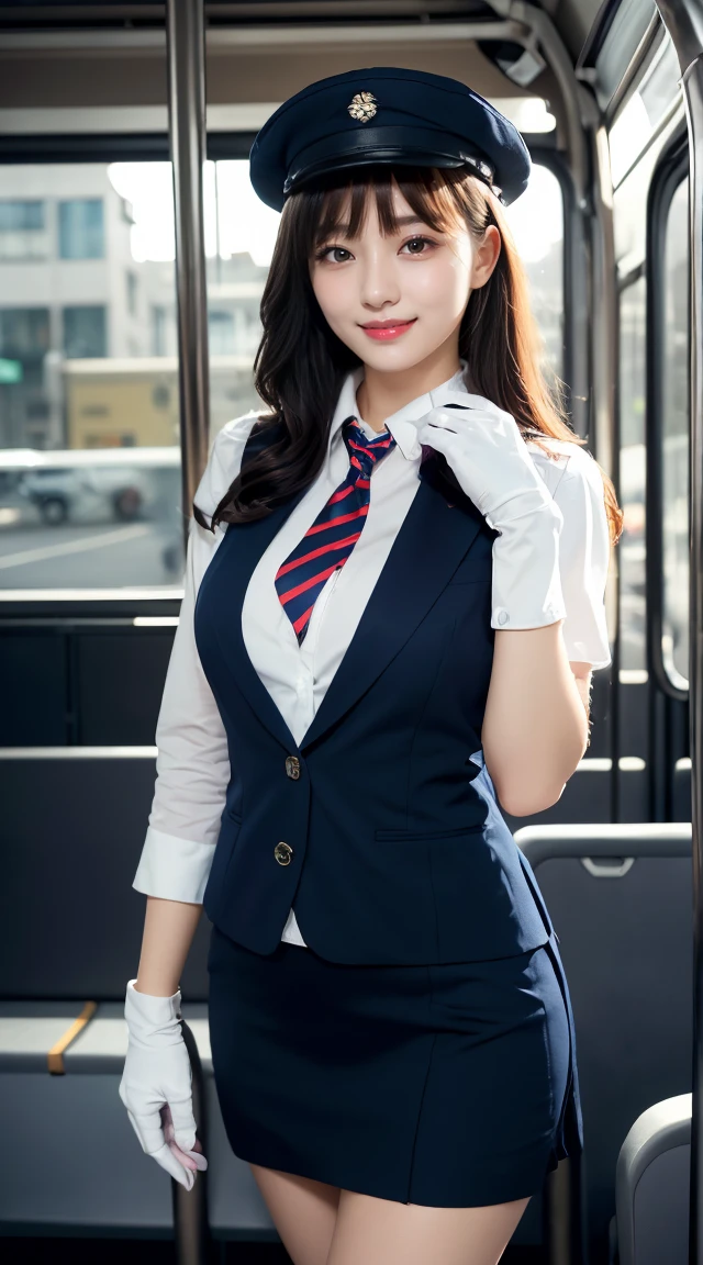 (((full body,including legs)))、(((perfect uniform of Japanese stewardess, blue striped necktie, vest-dress uniform、small hat, white formal short gloves,(black high-heel),  ((with a small flag in one hand))),bus guide,日本のバスガイド、little smile,white blouse,tight blouse)))、(((navy bowler hat),navy hat)), white gloves, short gloves,  high heel、Dressed up、(Photo real:1.4)、(A hyper-realistic:1.4)、(Photorealistic:1.3)、 (gentle lighting: 1.05)、(Improve the lighting quality of your video:0.9)、32k、 1Girl、28years old girl、photorealistic lighting、Back lighting、Facial Lights、Ray Trace、(bright:1.2)、(Increase quality:1.4)、 (best quality real texture skin)、Fair eyes,Delicate and delicate face, Close-up of the breasts, white blouse,tight blouse,tight vest-dress uniform, (Bodyline mood improvement:1.1)、goofigure,Glossy skin、wavy hair,blonde hair,韓国アイドル、乃木坂アイドル、Sculptural Idol Pose、little smile,blush,Beautiful actress、Neat woman,whole body, (((midium breasts,beautiful breasts))),(perfect row of teeth),slender waist and hip,beautiful long legull shot)、((8heads tall)、(((誘惑している、恥ずかしい)))、dynamic pose,gravure pose,(eye shadow),((red cheek、red lips)),Super Clean Night View、night time、blush,little smile,(((full shot)))、(((in the bus))),