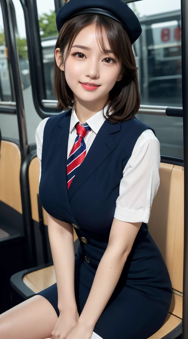 (((full body,including legs)))、(((perfect uniform of Japanese stewardess, blue striped necktie, vest-dress uniform、small hat, white formal short gloves,(black high-heel), ((with a mini mic in her hand))),bus guide,日本のバスガイド、little smile,white blouse,tight blouse)))、(((navy bowler hat),navy hat)), white gloves, short gloves, high heel、Dressed up、(Photo real:1.4)、(A hyper-realistic:1.4)、(Photorealistic:1.3)、 (gentle lighting: 1.05)、(Improve the lighting quality of your video:0.9)、32k、 1Girl、28years old girl、photorealistic lighting、Back lighting、Facial Lights、Ray Trace、(bright:1.2)、(Increase quality:1.4)、 (best quality real texture skin)、Fair eyes,Delicate and delicate face, Close-up of the breasts, white blouse,tight blouse,tight vest-dress uniform, (Bodyline mood improvement:1.1)、goofigure,Glossy skin、wavy hair,blonde hair,韓国アイドル、乃木坂アイドル、Sculptural Idol Pose、little smile,blush,Beautiful actress、Neat woman,whole body, (((midium breasts,beautiful breasts))),(perfect row of teeth),slender waist and hip,beautiful long legs,full shot)、((8heads tall)、(((誘惑している、恥ずかしい)))、dynamic pose,gravure pose,(eye shadow),((red cheek、red lips)),Super Clean Night View、night time、blush,little smile,(((full shot)))、(((in the bus))),