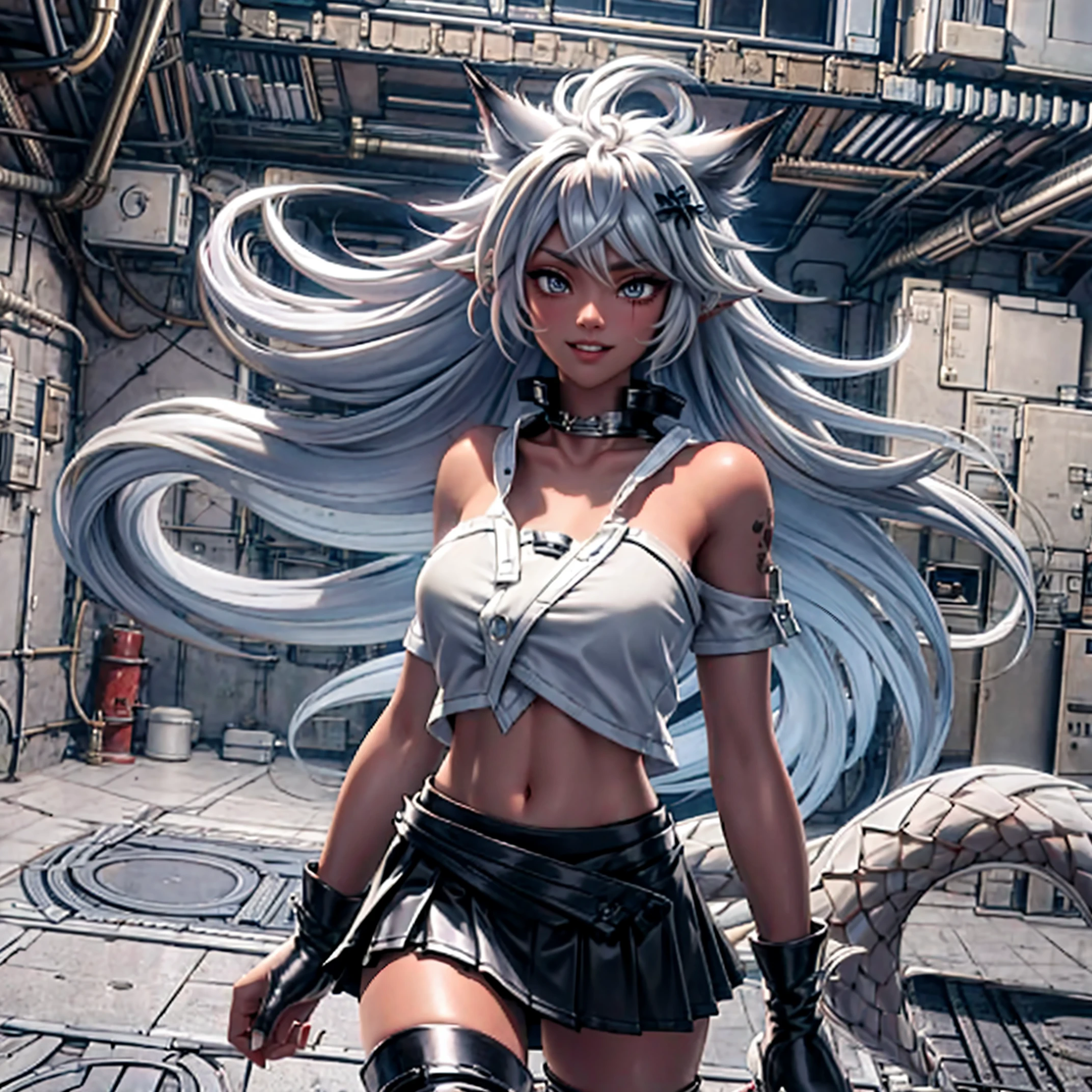 8k, resolution, high quality, high resolution, best quality, extremally detailed, best resolution, absurd resolution, ray tracing, high detailed, masterpiece, extremely detailed,shoulder length white hair, female,2 white wolf ears, teenage girl, slim body, white scale dragon tail,black boots,black leggings, navel blue school skirt, sailor shirt, white jacket, medium size chest, detailed blue eyes, detailed beautiful face,solo female,1 dragon tail, detailed eyes, tomboyish, dragon tail, white scales