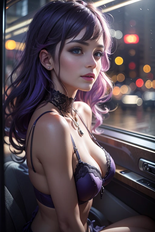 (best quality, photo-realistic:1.37), vive colors, full body,1girl,light purple hair,wearing elegant lingerie soft lighting, bokeh, flowing motion, dreamy atmosphere, modern train interior, window reflections, stylish pose, elegant posture, relaxed expression, subtle smile, peaceful ambiance, urban setting, night scene, neon lights, fashionable accessories,  comfortable seating, gentle curves, smooth texture, luxurious materials, glossy finish, vibrant hues, alluring beauty, confident aura, contemporary artwork, graceful presence, captivating charm.