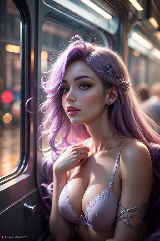 (best quality, photo-realistic:1.37), vive colors, full body,1girl,light purple hair,wearing elegant lingerie soft lighting, bokeh, flowing motion, dreamy atmosphere, modern train interior, window reflections, stylish pose, elegant posture, relaxed expression, subtle smile, peaceful ambiance, urban setting, night scene, neon lights, fashionable accessories,  comfortable seating, gentle curves, smooth texture, luxurious materials, glossy finish, vibrant hues, alluring beauty, confident aura, contemporary artwork, graceful presence, captivating charm.