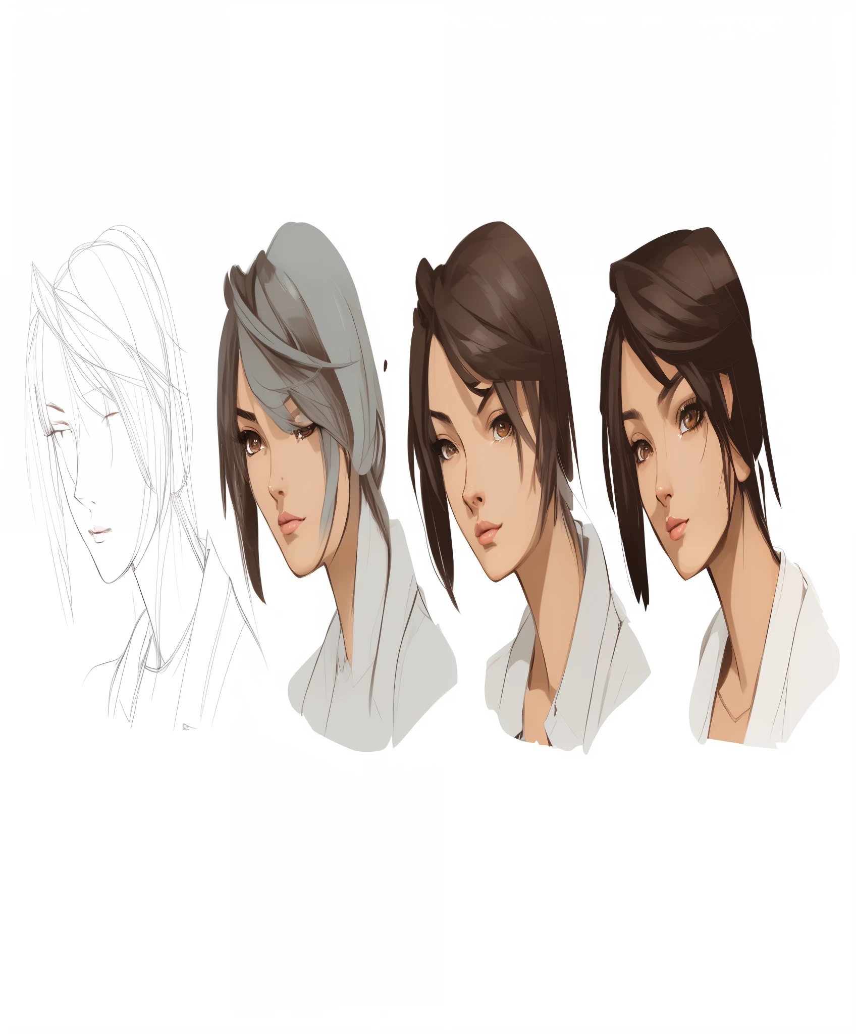a close up of a person with different hair styles, digitial painting, digital character painting, stylized portrait formal pose, realistic character concept, stylized portrait, realistic artstyle, style in digital painting, realistic female portrait, unrealistic character concept, animation portrait concept art, portrait character design, character painting, character concept portrait of me, character design portrait