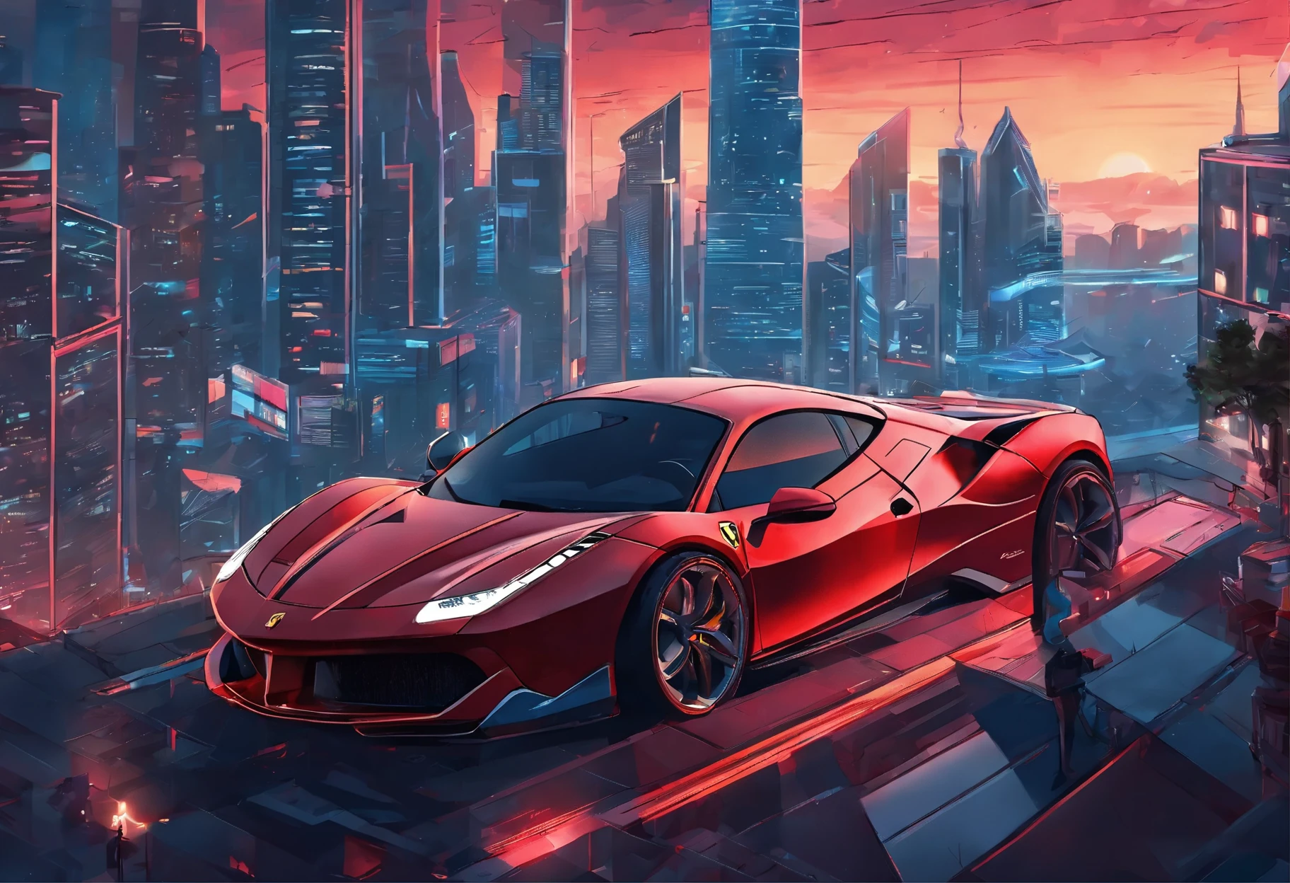 (Best quality, 8k, Masterpiece :1.2), hyper realistic, cyberpunk, at a mountain, an detailed red Ferrari 488, Speeding on the highway, (Facing the audience), The blue skyscraper in the background, at night,