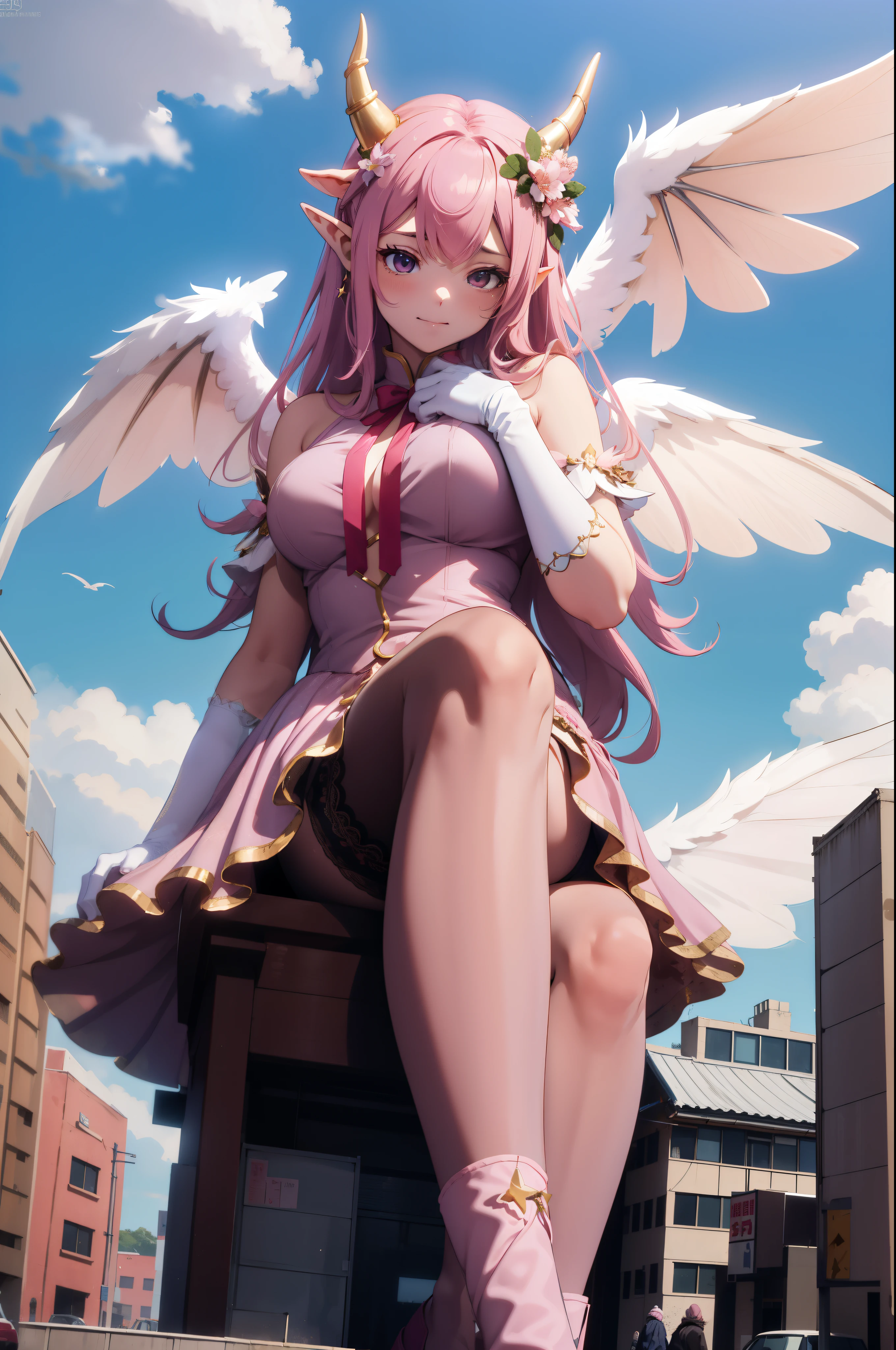 giant girl 50,000 feet high,Weight 1000kg,Has a pair of huge pink angel wings,With huge devil horns on his head,wear a crown on your head,Elf wearing pink earrings,She has long pink hair that reaches her feet,loose hair,Pink wavy long curly hair,Wearing a pair of pink boots on her feet,Pink lace gloves,Pink lace pantyhose,Bow and star embellished tights,粉色蕾丝whole body,Standing tall above the small town,Beautiful appearance,Exquisite makeup,quality,8k,高quality,Perfect proportion, Cinema lighting,film grain,Fuji colors,8k,textured skin,Super details,high detail,high resolution,fake smile,blood stains,脚底有blood stains,whole body,fat,elf princess,feather,flowers,Sitting elegantly on a tall building。